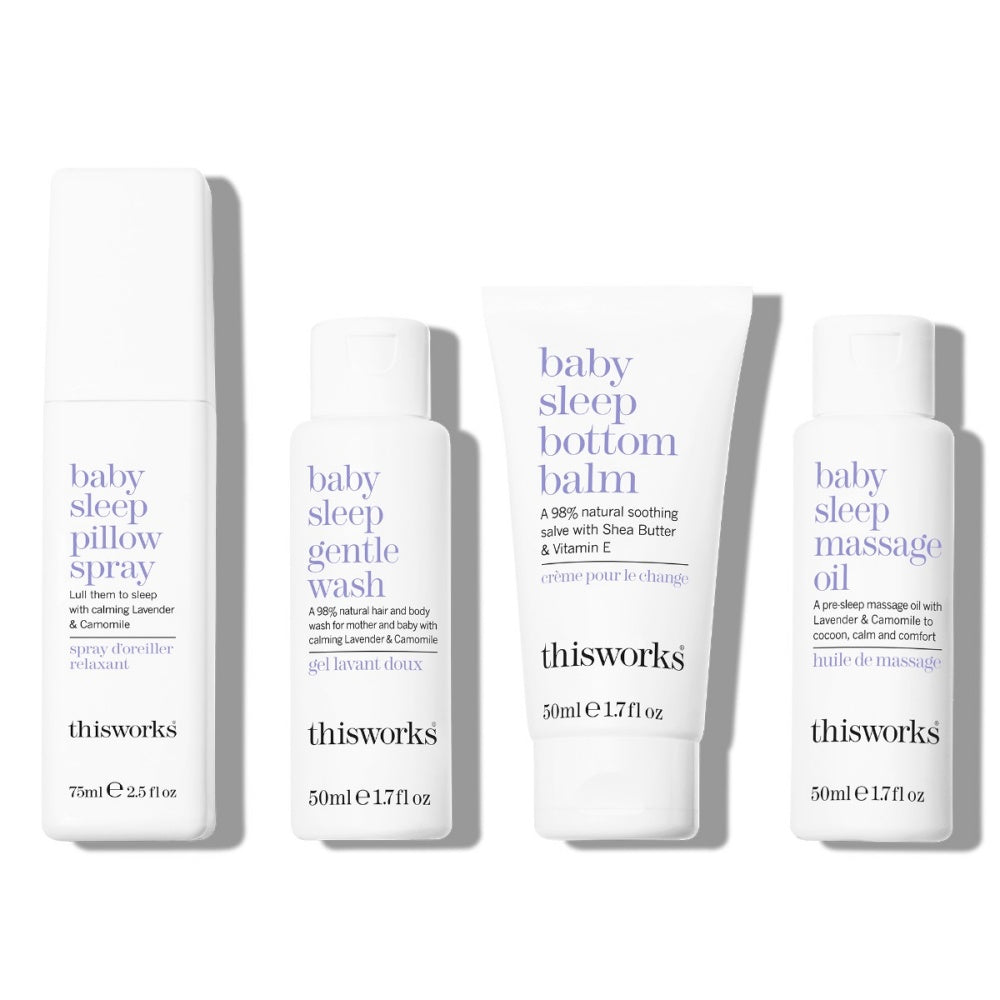 Baby sleep skincare set: pillow spray, wash, bottom balm, and massage oil bottles