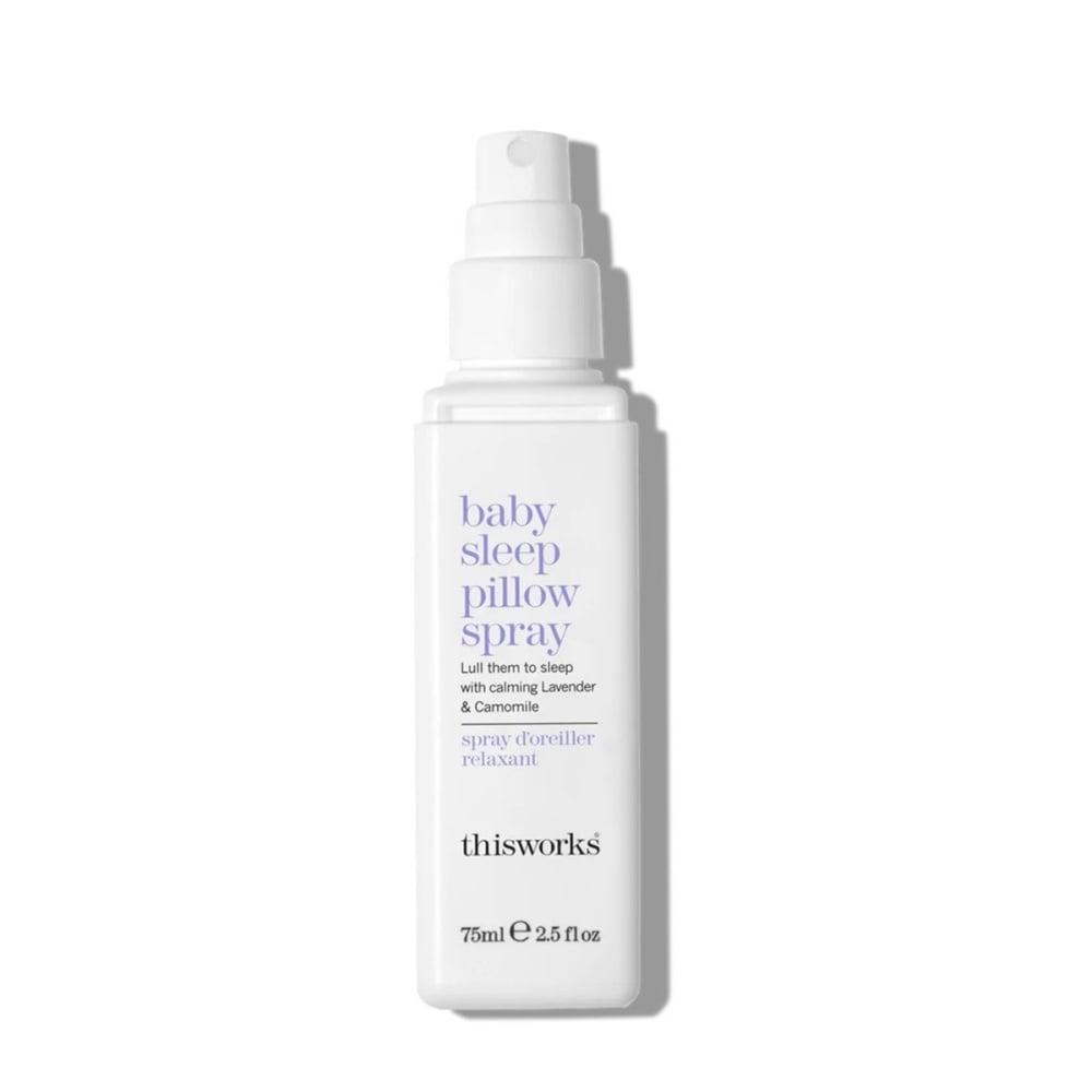 Baby sleep pillow spray bottle with white pump, front label visible