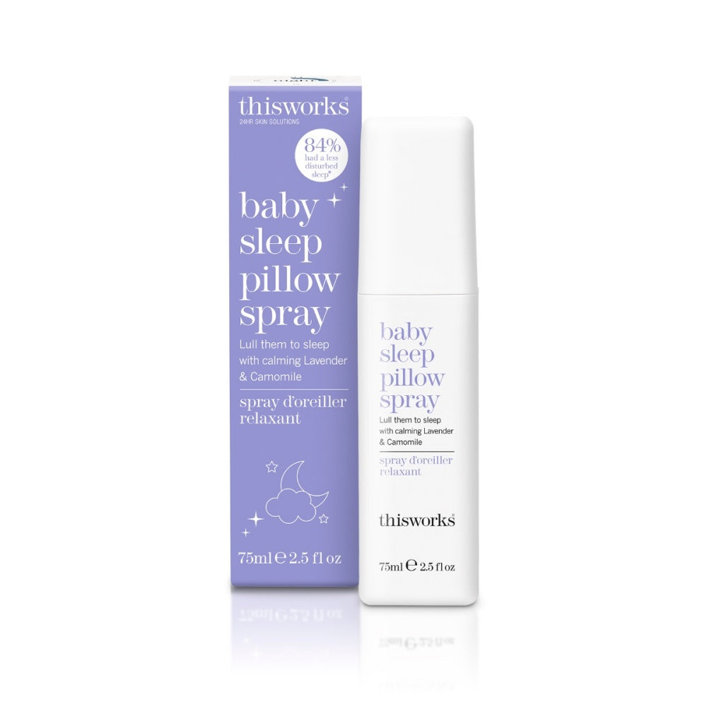 Baby sleep pillow spray bottle and box, lavender label on white containers