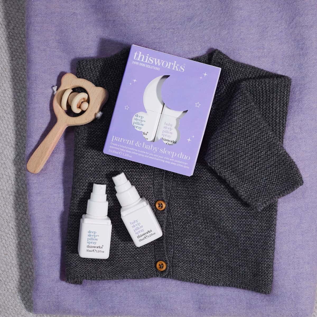 thisworks parent & baby sleep duo kit with two spray bottles and boxed set
