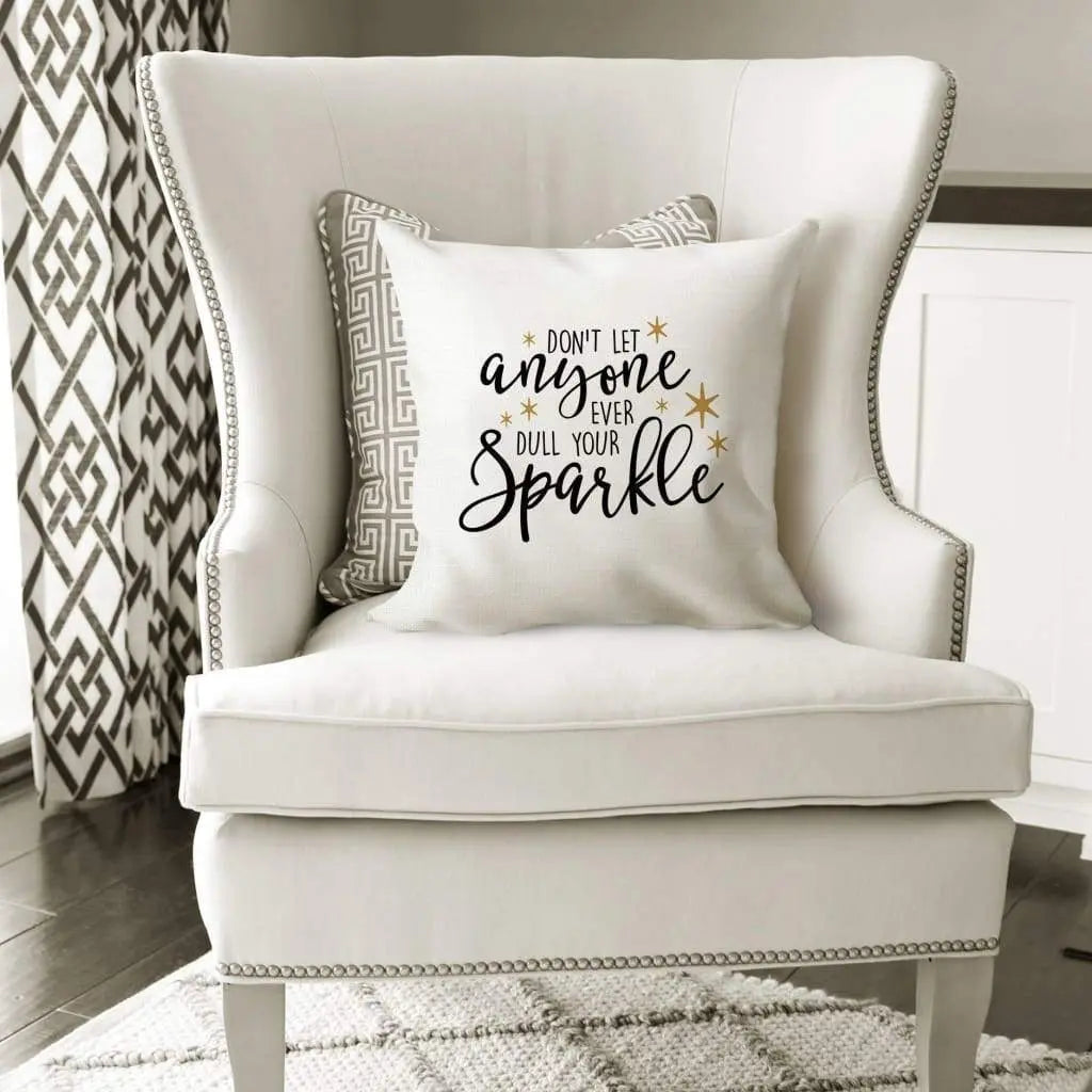 White throw pillow cover with motivational quote and sparkle word design