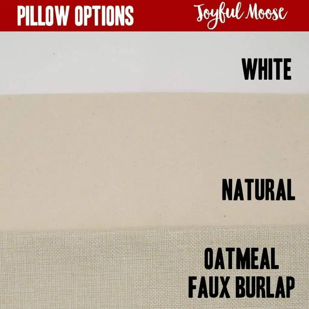 Pillow cover fabric swatches: White, Natural, Oatmeal, Faux Burlap