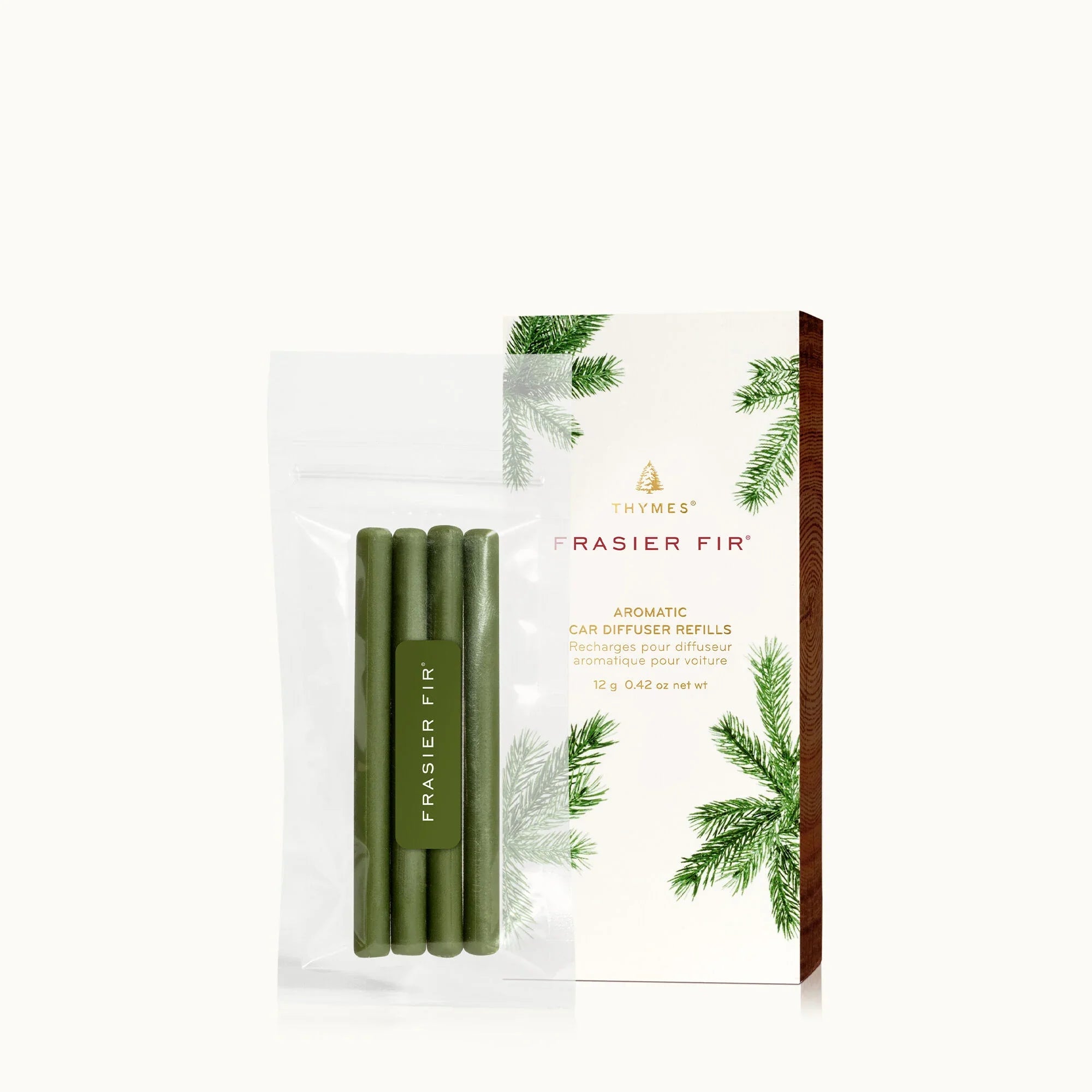 Thymes Frasier Fir car diffuser refill, four green wax sticks in clear pouch