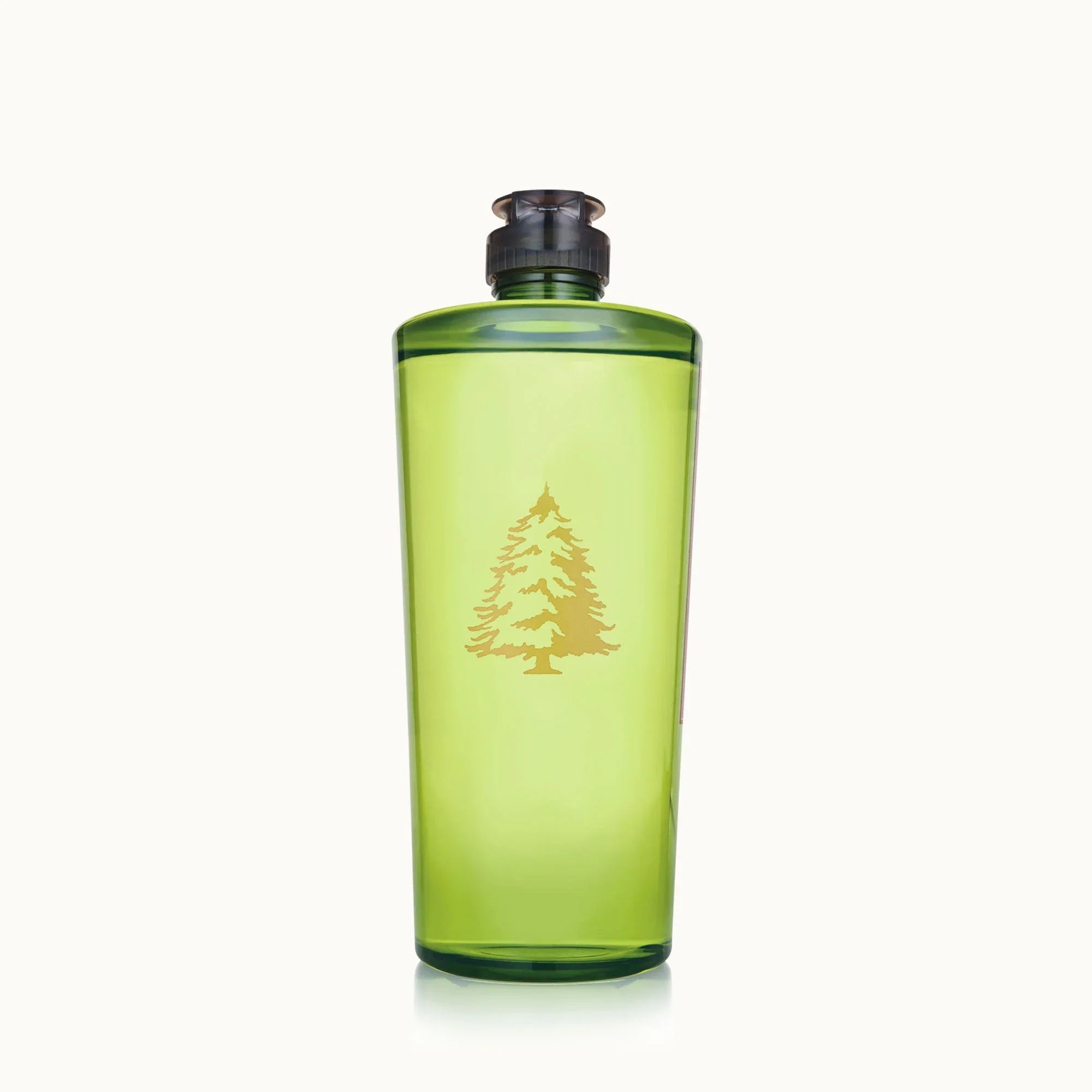 Dishwashing liquid bottle with green tinted liquid and black pump; Frasier Fir scent