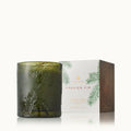 Thymes Frasier Fir green glass candle with fir branch embossing