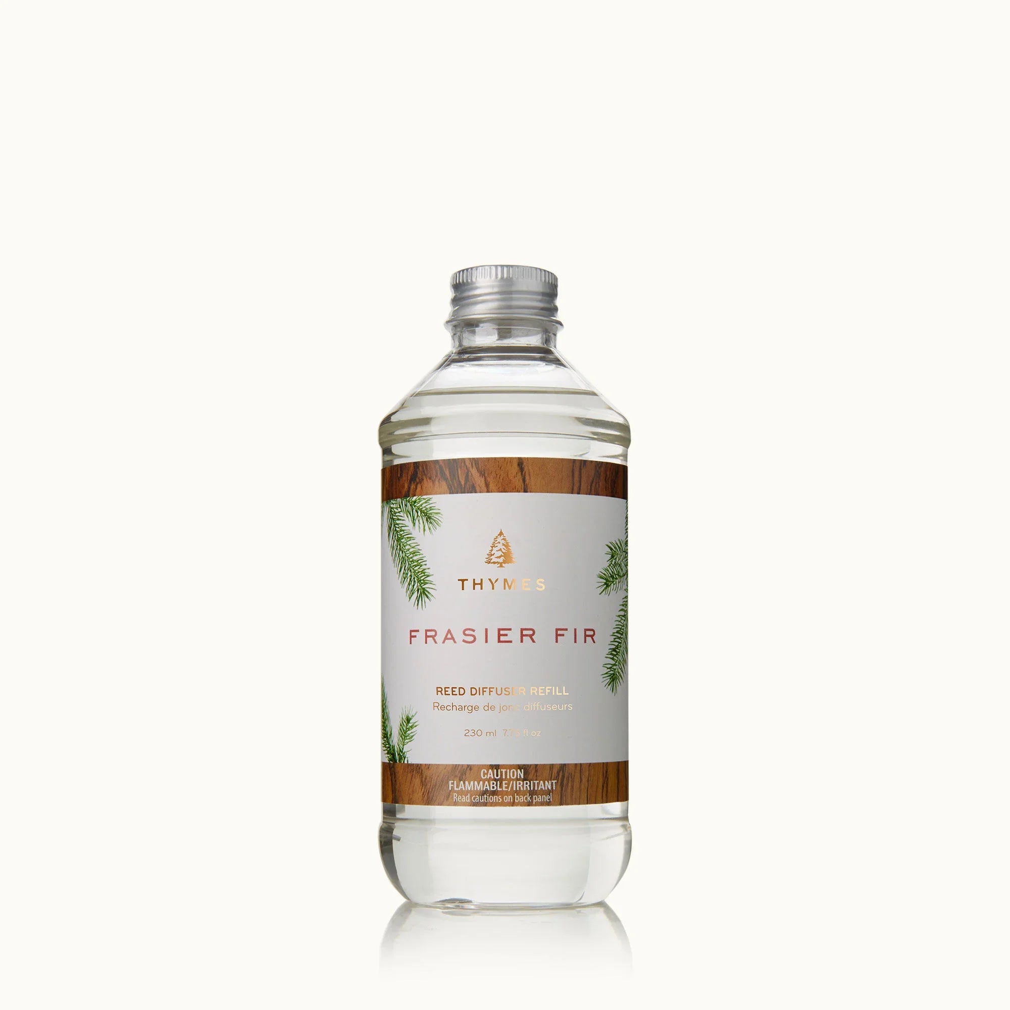 Thymes Frasier Fir reed diffuser oil refill bottle, clear glass with silver cap