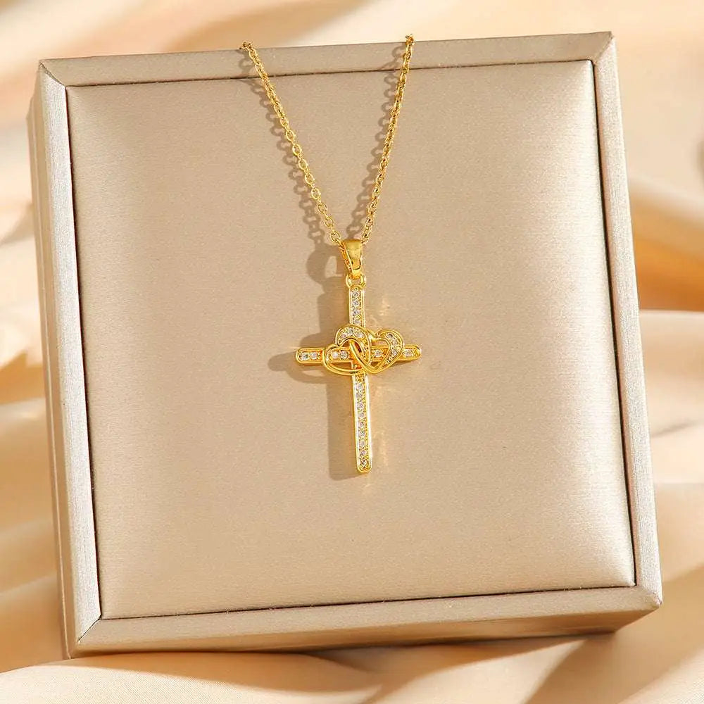 Titanium Steel Double Ring Zircon Pendant Necklace