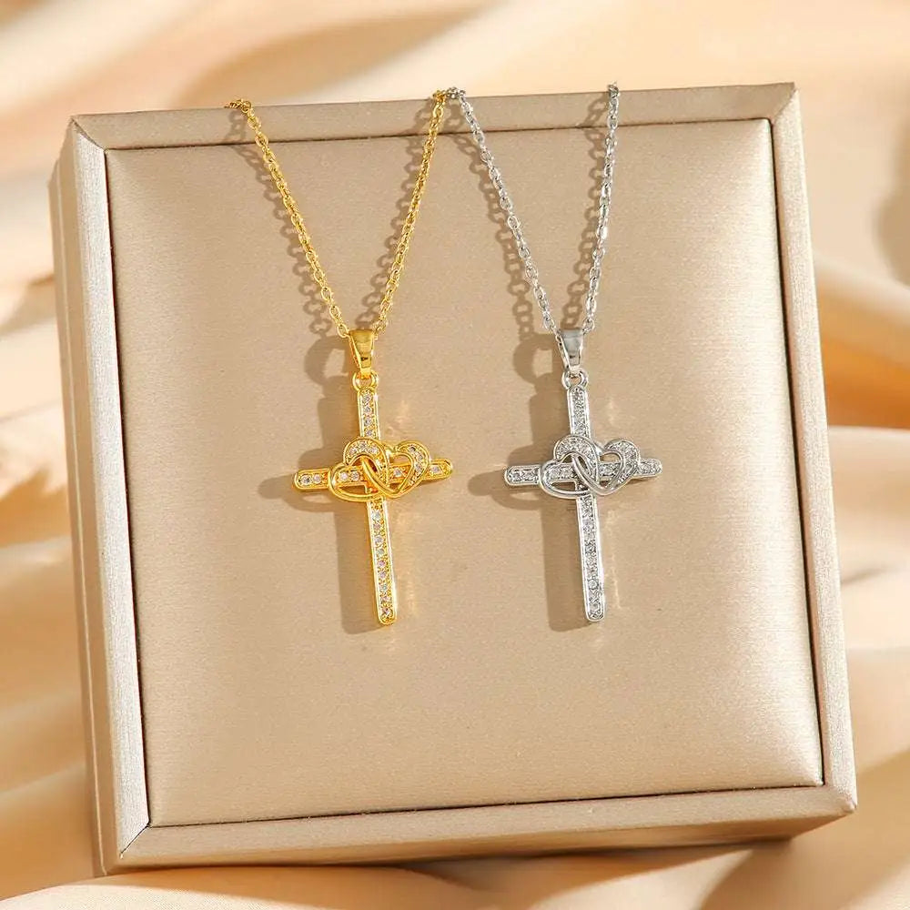 Titanium Steel Double Ring Zircon Pendant Necklace