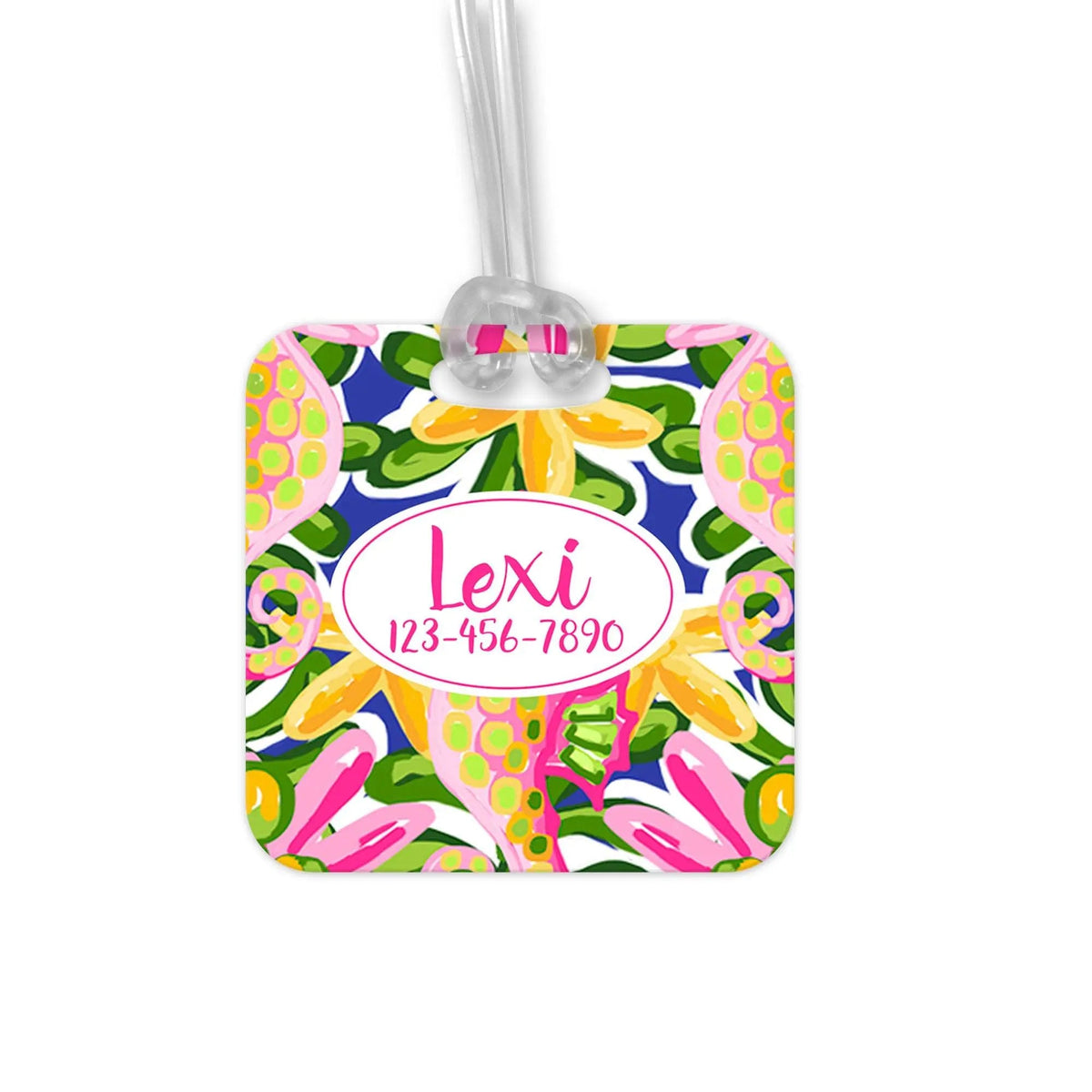 Personalized tropical luggage tag, hanging loop with Lexi name and 123-456-7890 details