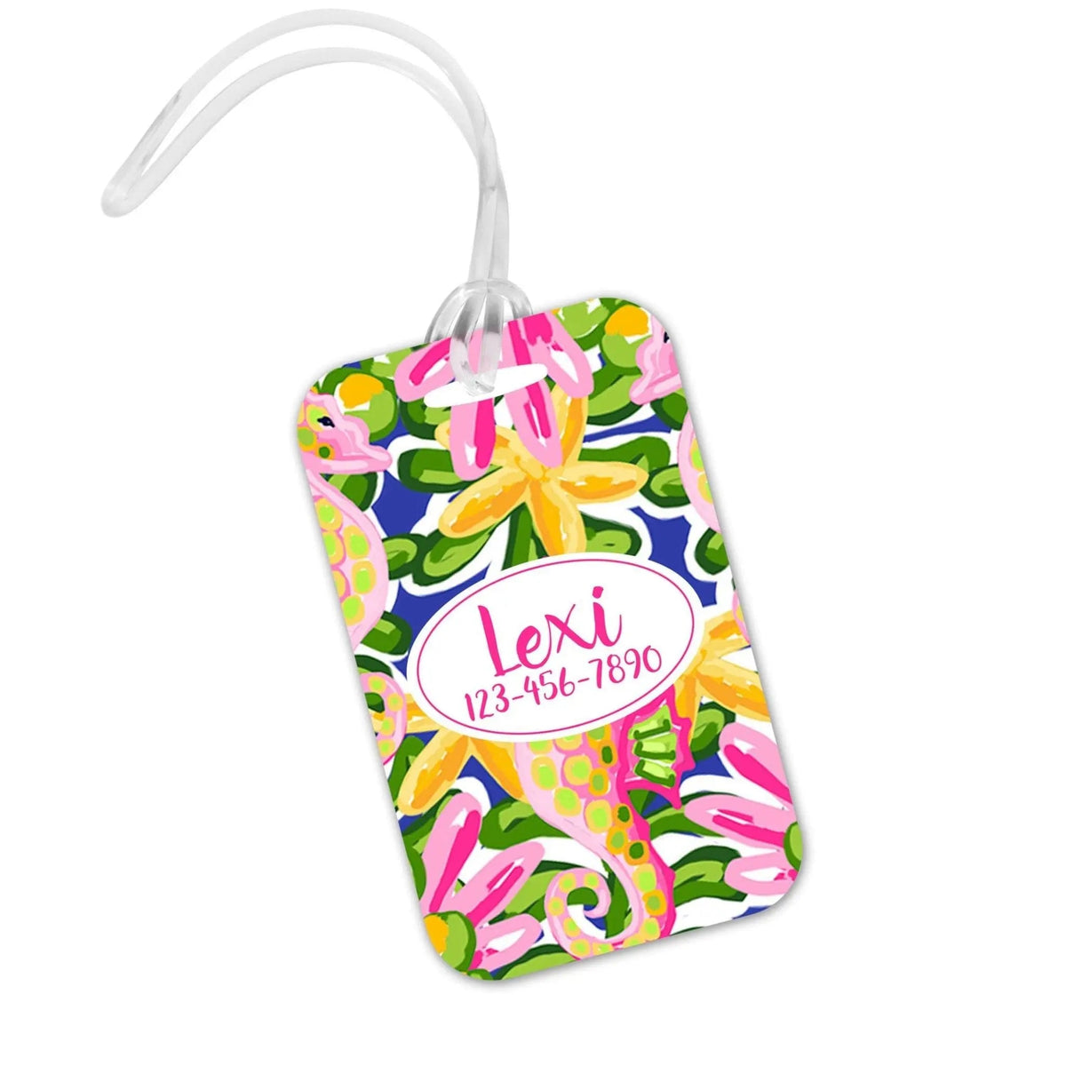 Personalized tropical luggage tag, pink green floral pattern with name Lexi and phone number