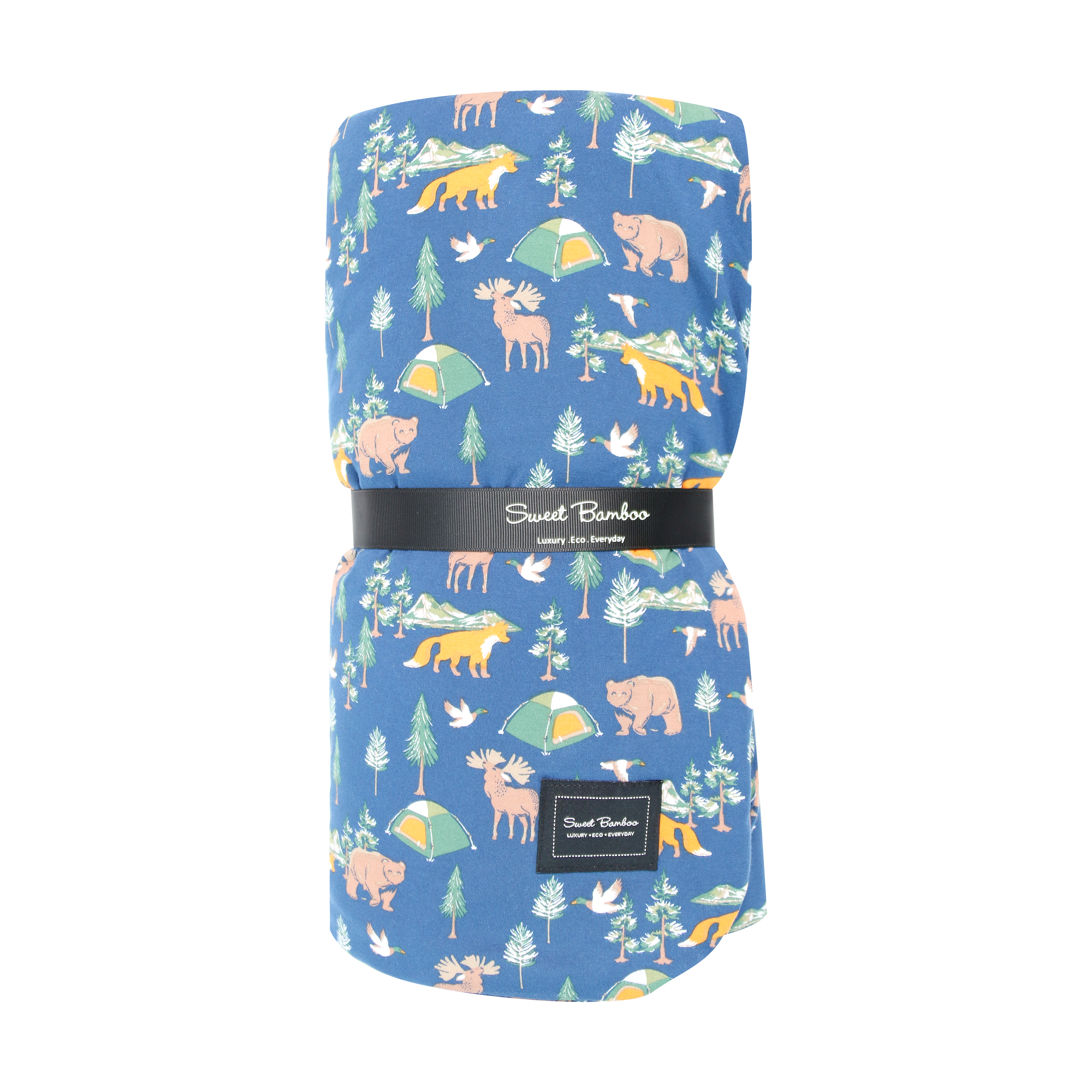 True Grit big kid cloud blanket, blue animal and tent print with Sweet Bamboo label