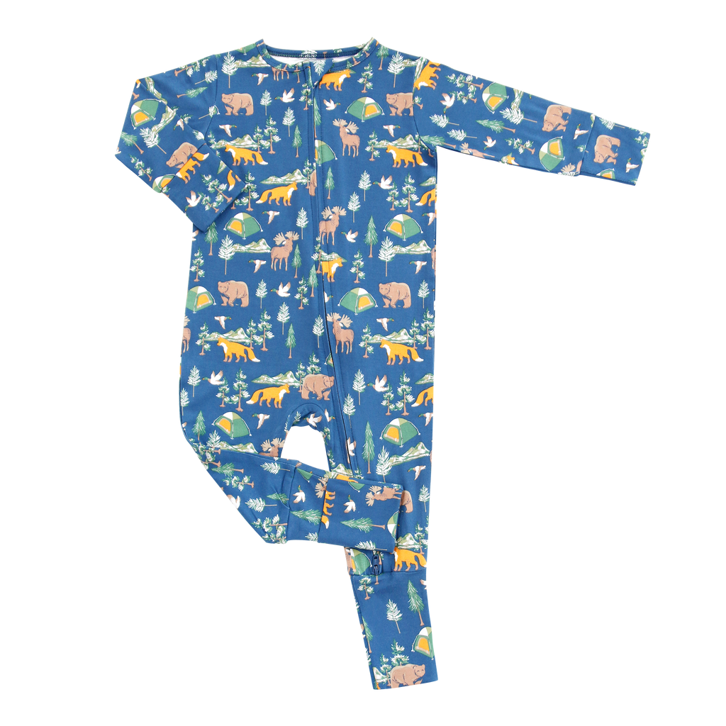 Blue animal-print convertible romper with long sleeves and full-length zip front