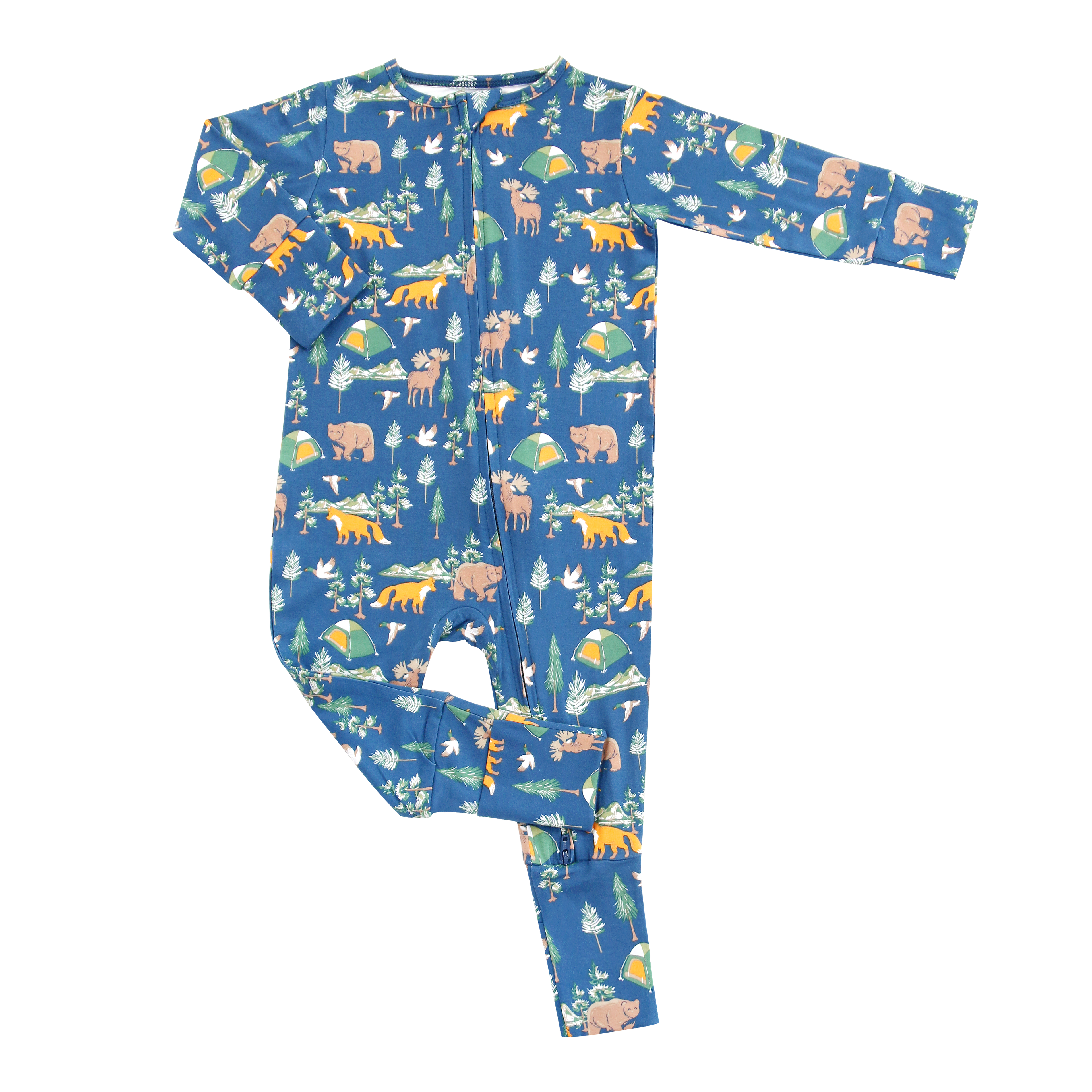 Blue animal-print convertible romper with long sleeves and full-length zip front