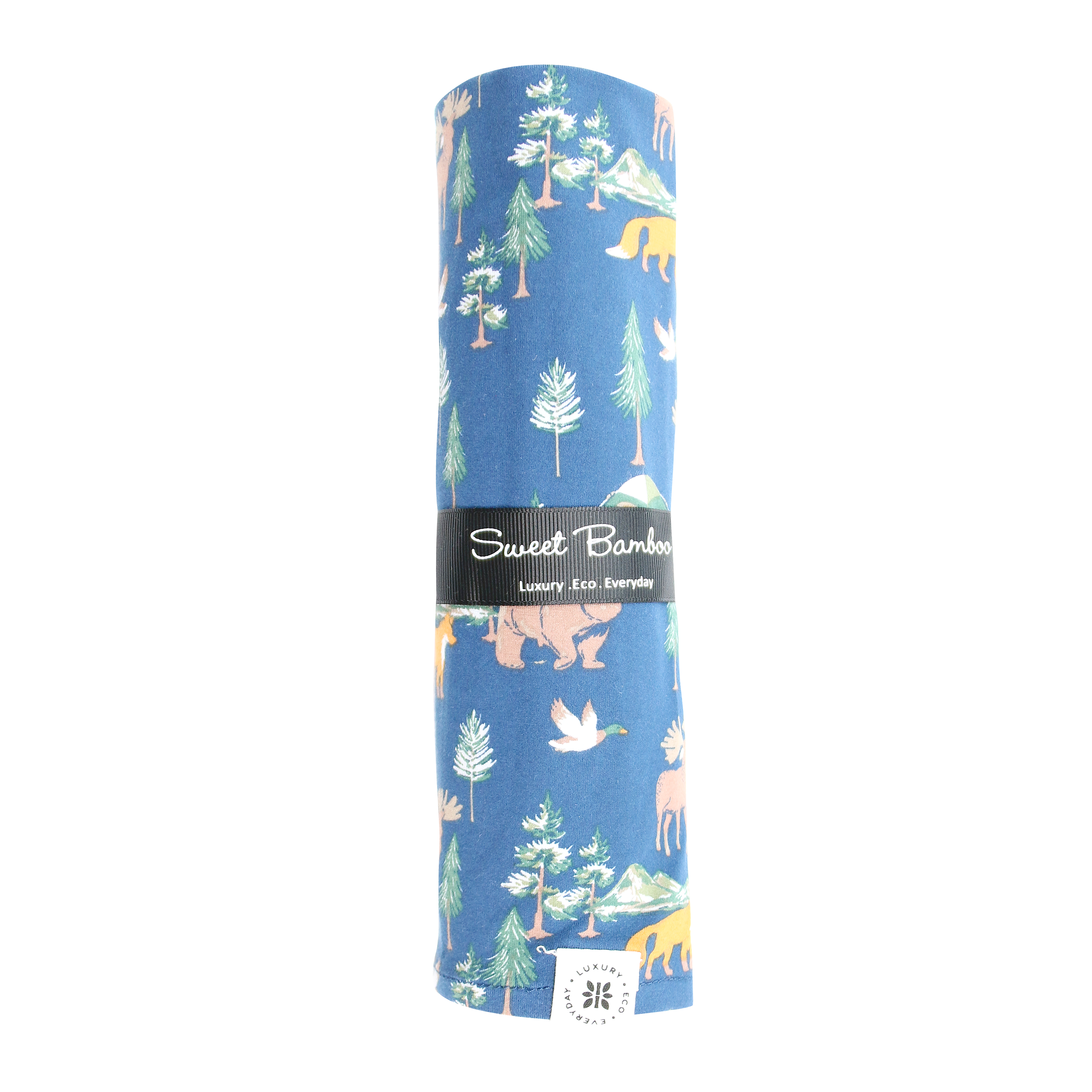 True Grit swaddle blanket, blue with woodland animal and tree print