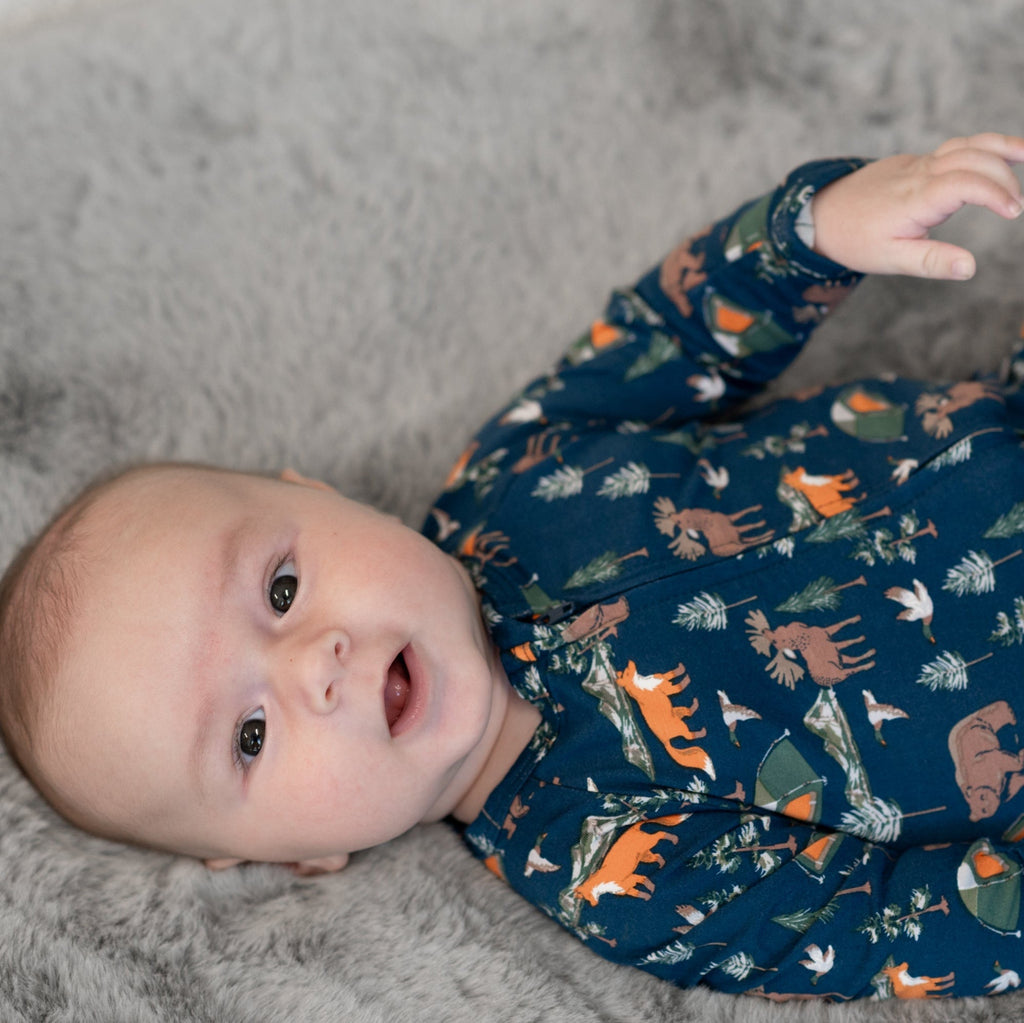 Navy animal-print zipper footie for baby boy, long sleeves