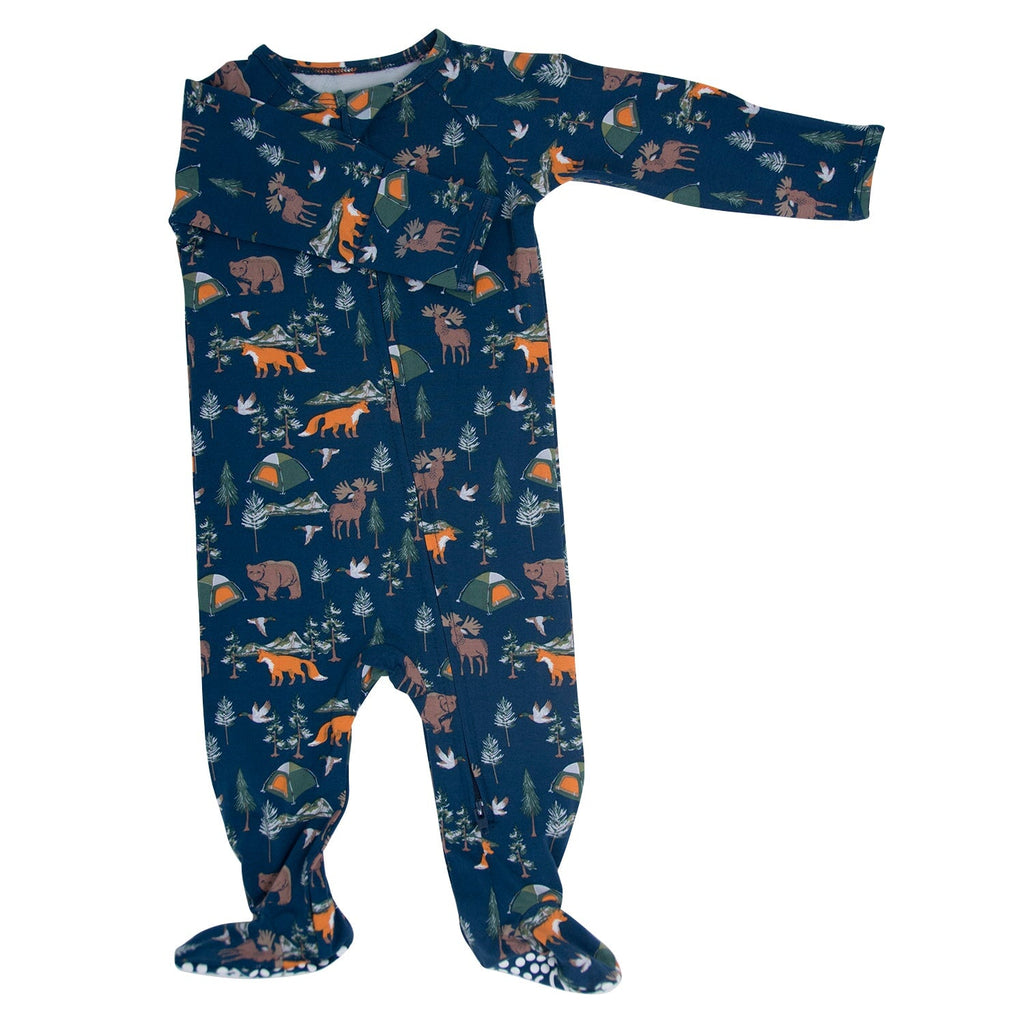 Navy animal-print long-sleeve zipper footie with covered feet