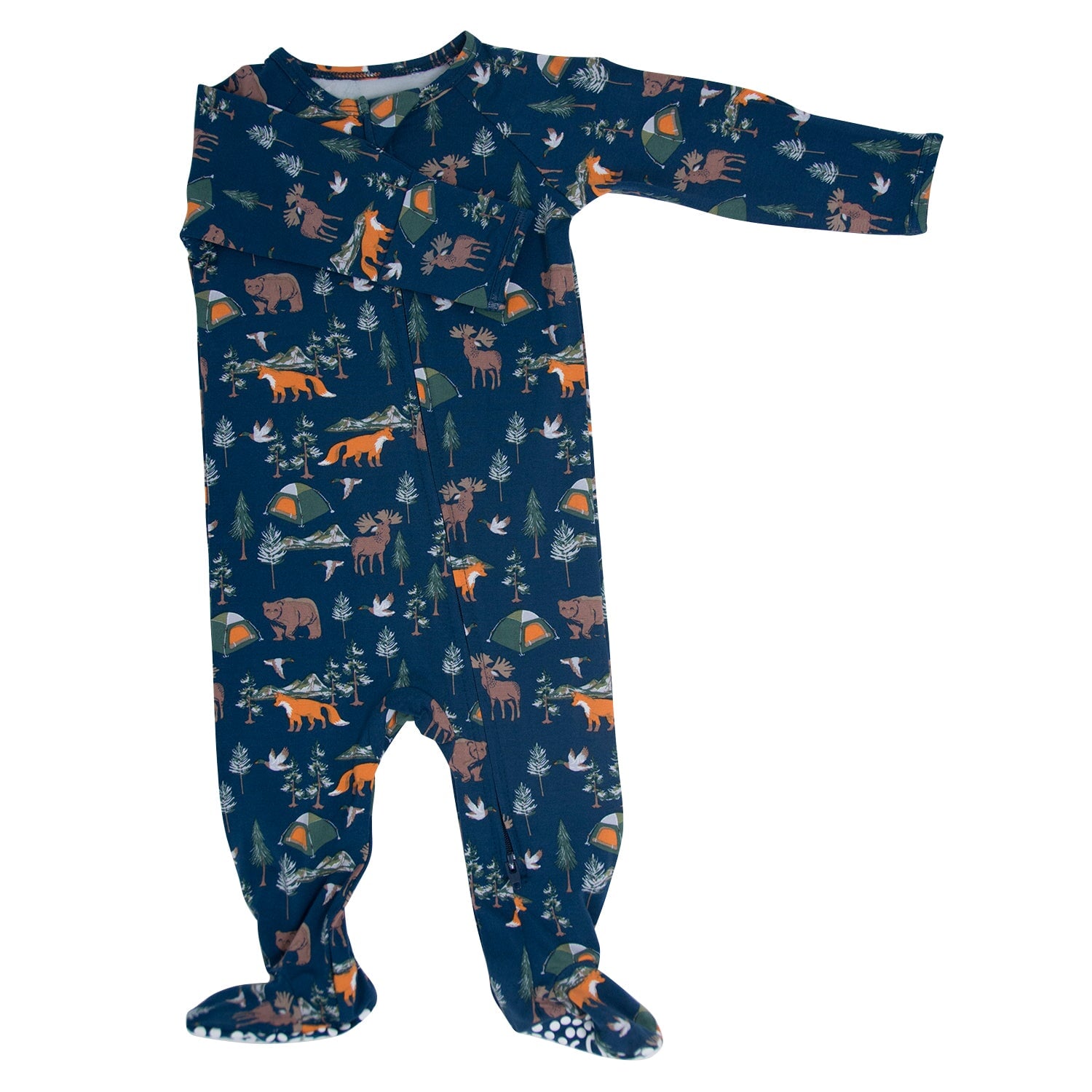 Navy animal-print long-sleeve zipper footie with covered feet