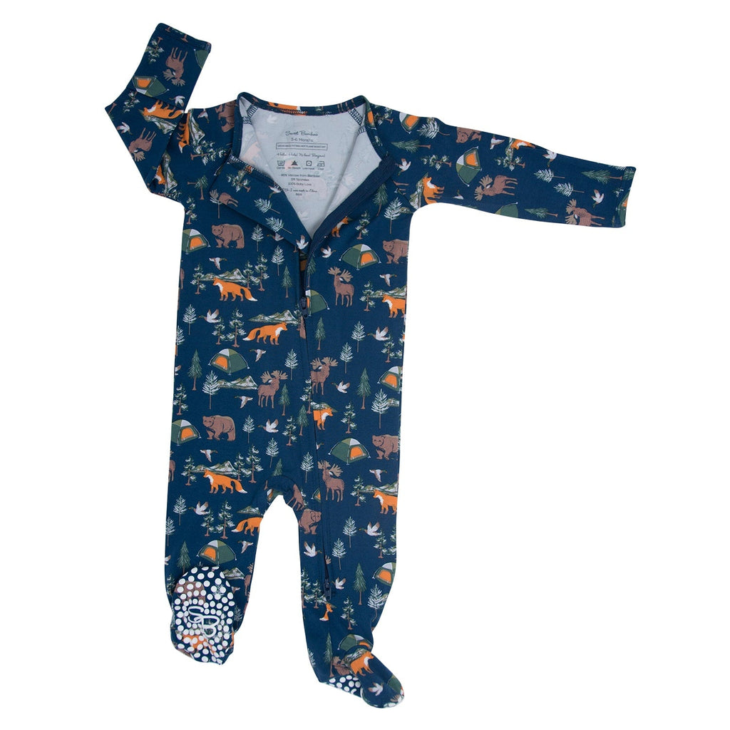 Navy animal-print zipper footie, long sleeves and footed legs