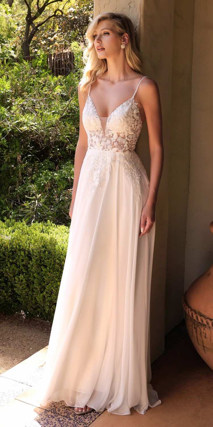 Off-white A-line chiffon gown with beaded floral bodice and spaghetti straps, full length