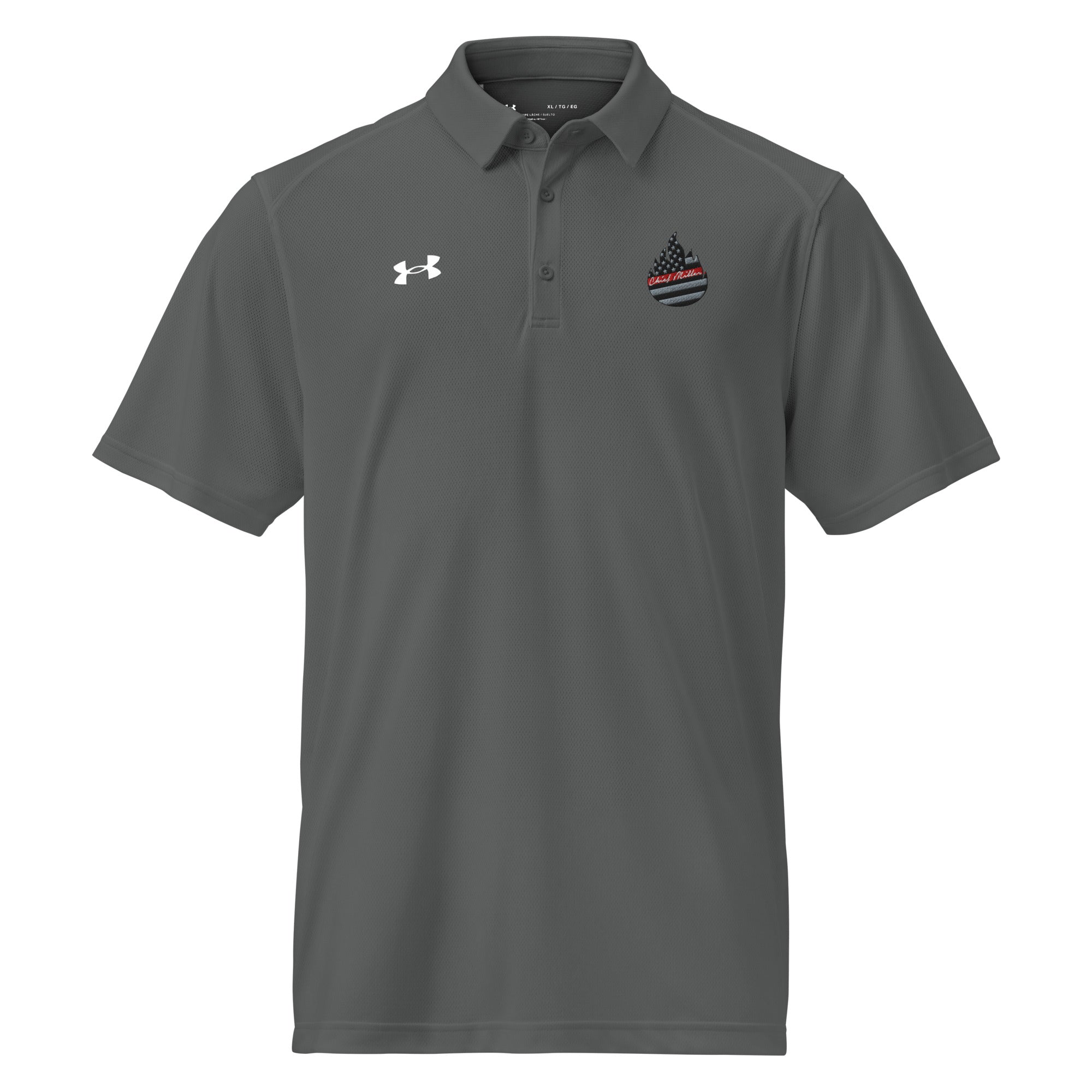 Men's polo shirt, grey, button placket, chest logo and patch on front