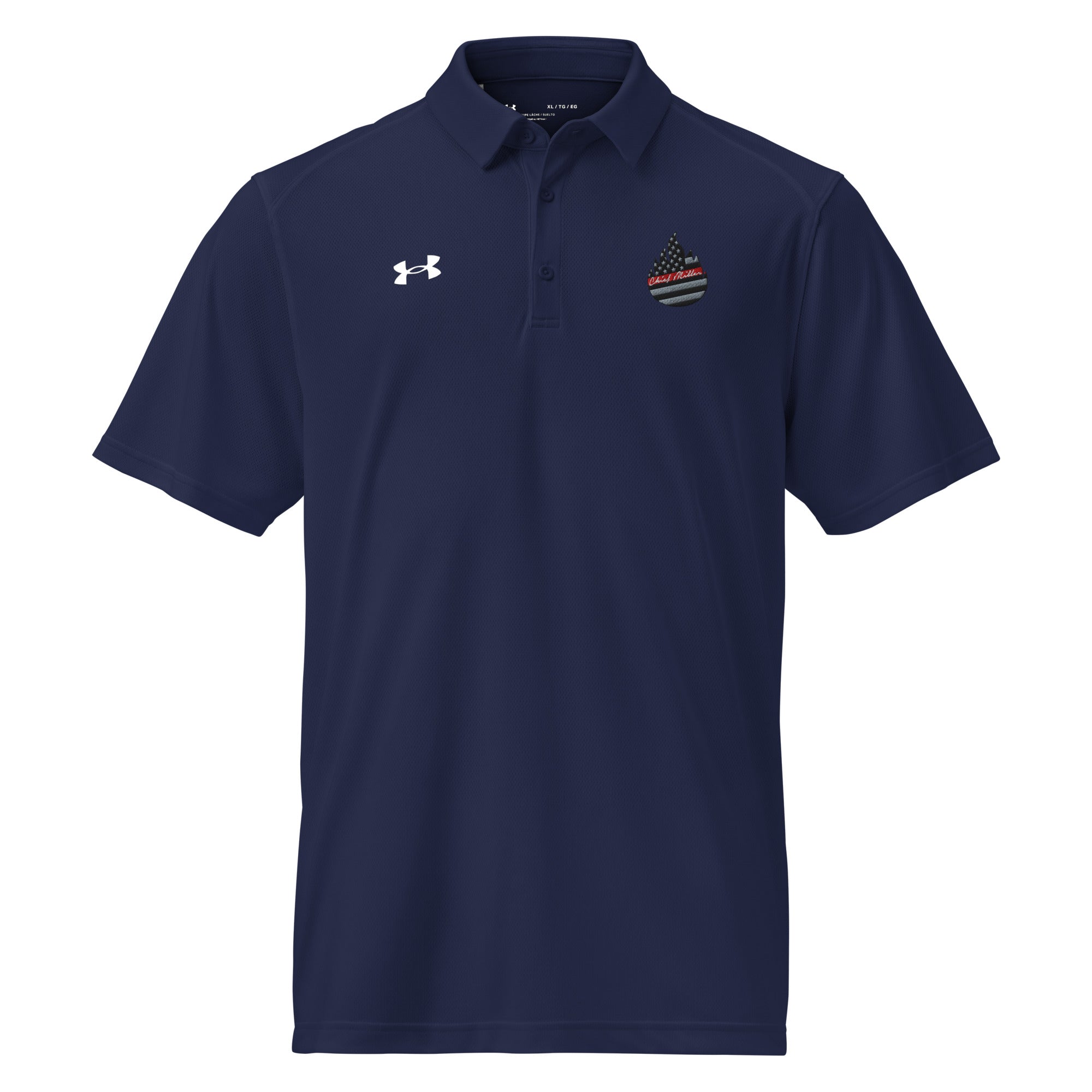 Men's polo shirt, navy blue, button placket, chest logo and patch on front