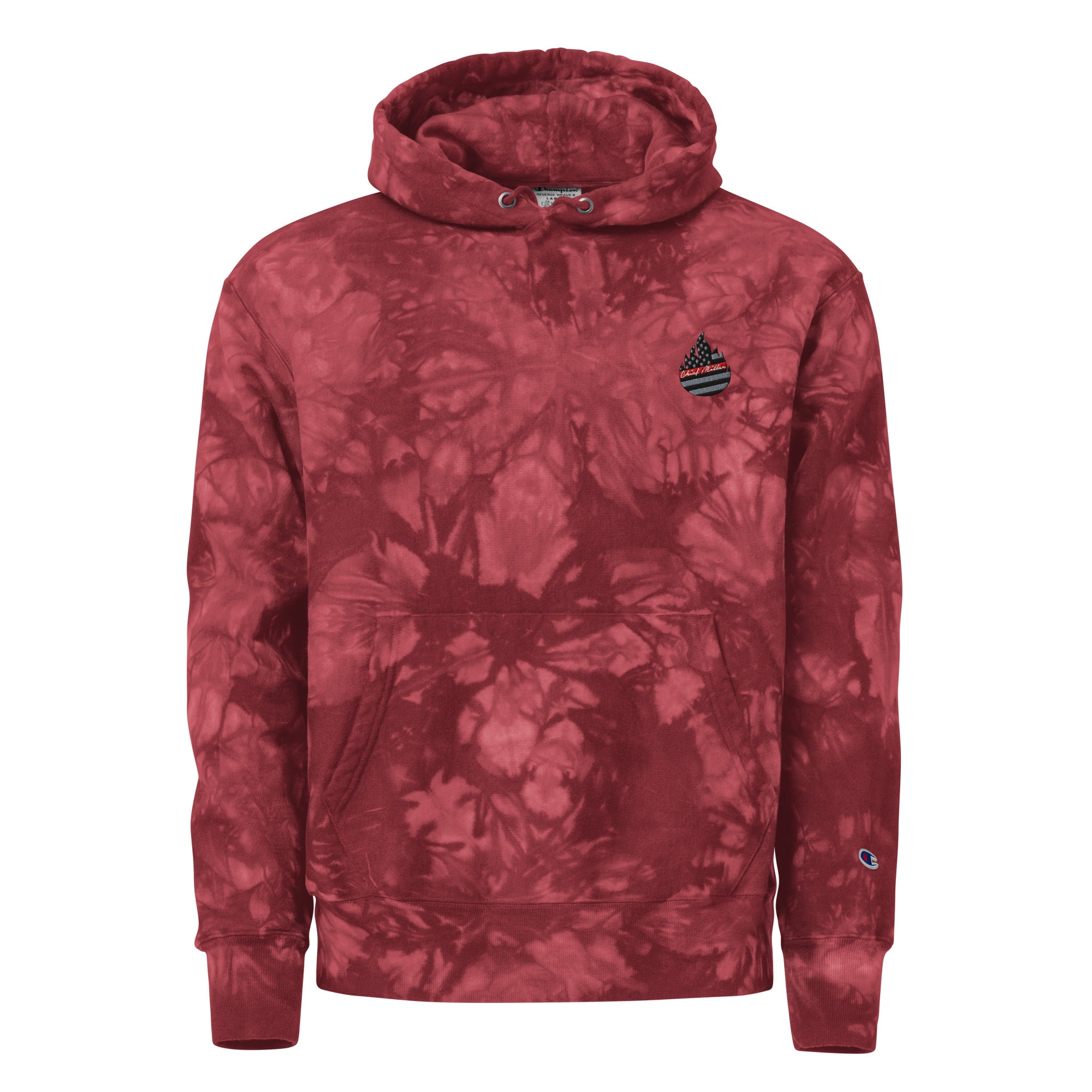 Mulled berry scrunch-dye hoodie with kangaroo pocket, hood drawstrings, and chest logo