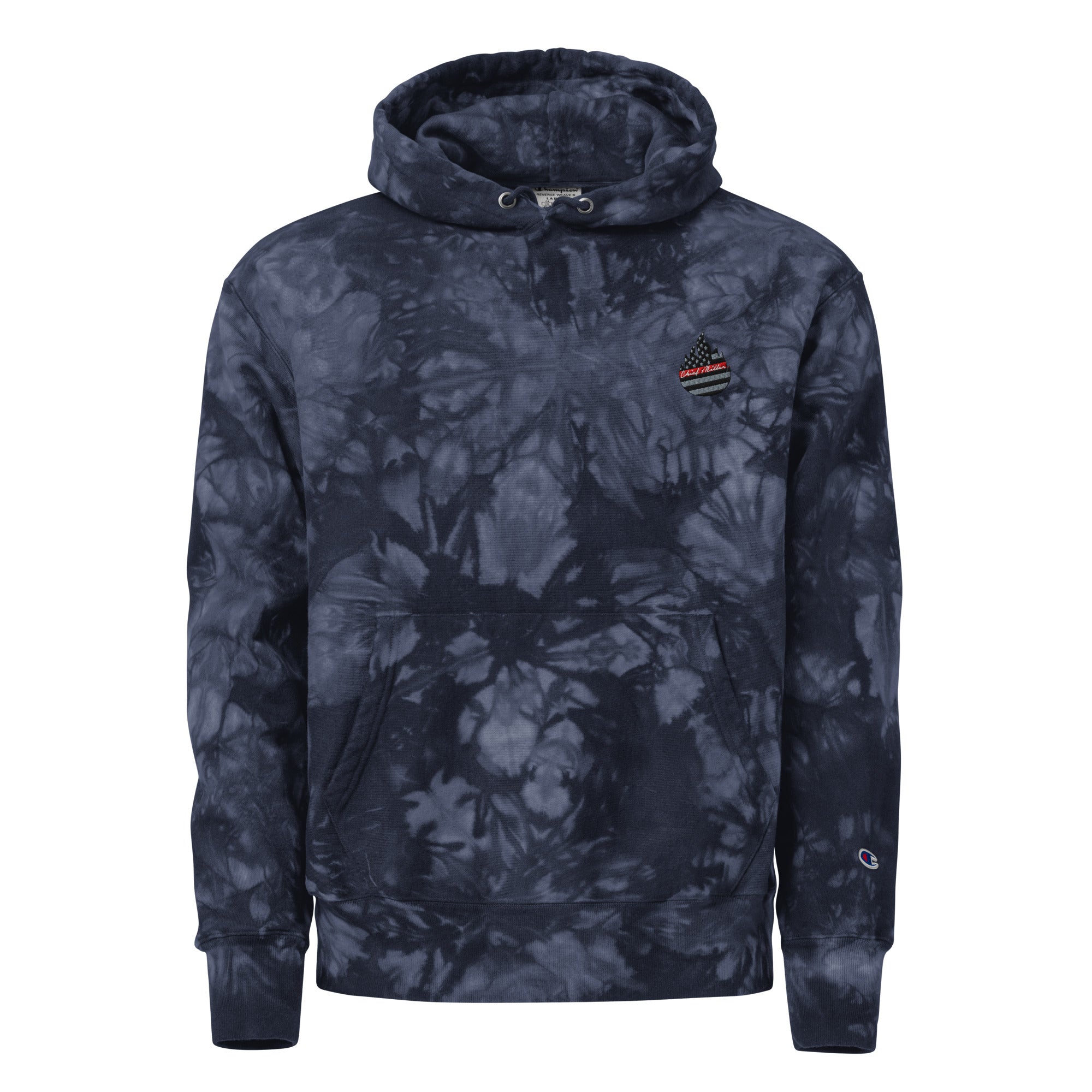 Navy scrunch-dye hoodie with kangaroo pocket, hood drawstrings, and small chest logo