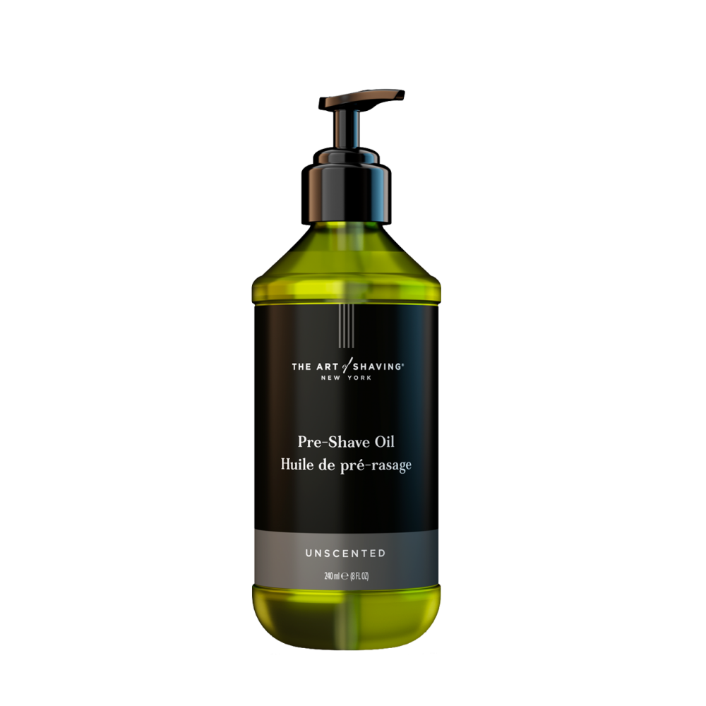 Pre-shave oil bottle with pump, unscented, green glass and dark label