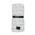 Kids cloud blanket with light gray space rocket print, rolled with black label