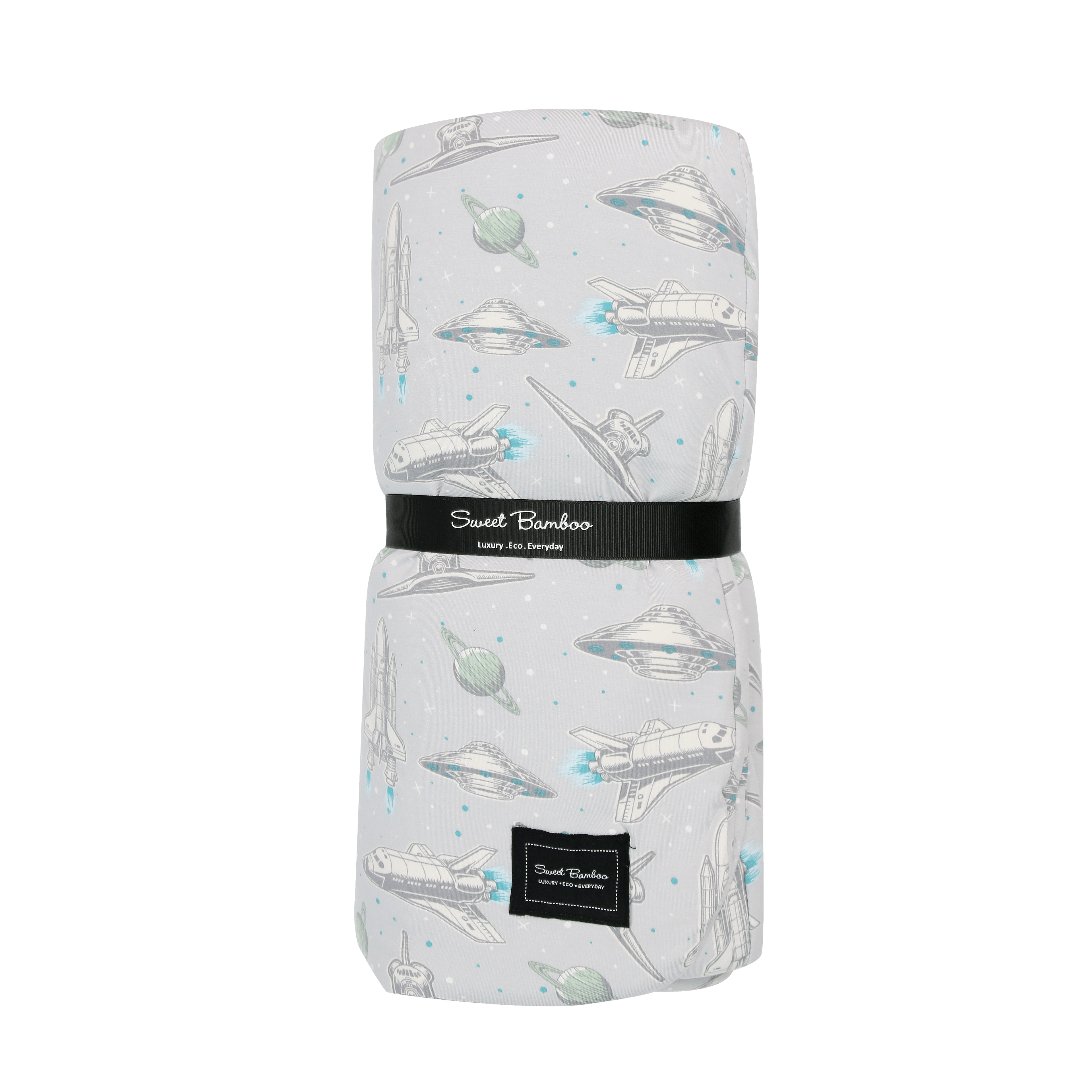Kids cloud blanket with light gray space rocket print, rolled with black label