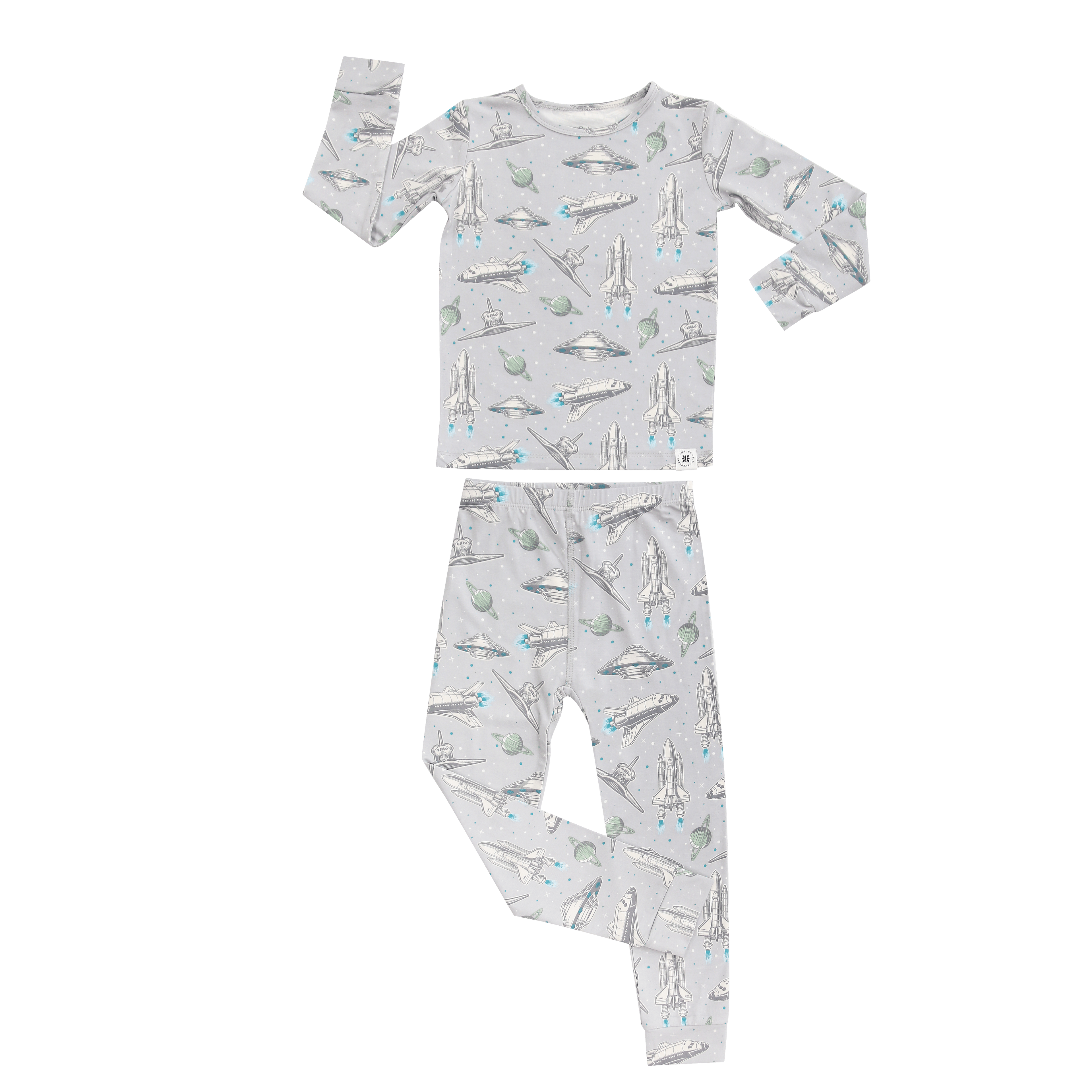 Kids long-sleeve pajama set with rocket and planet print, light blue