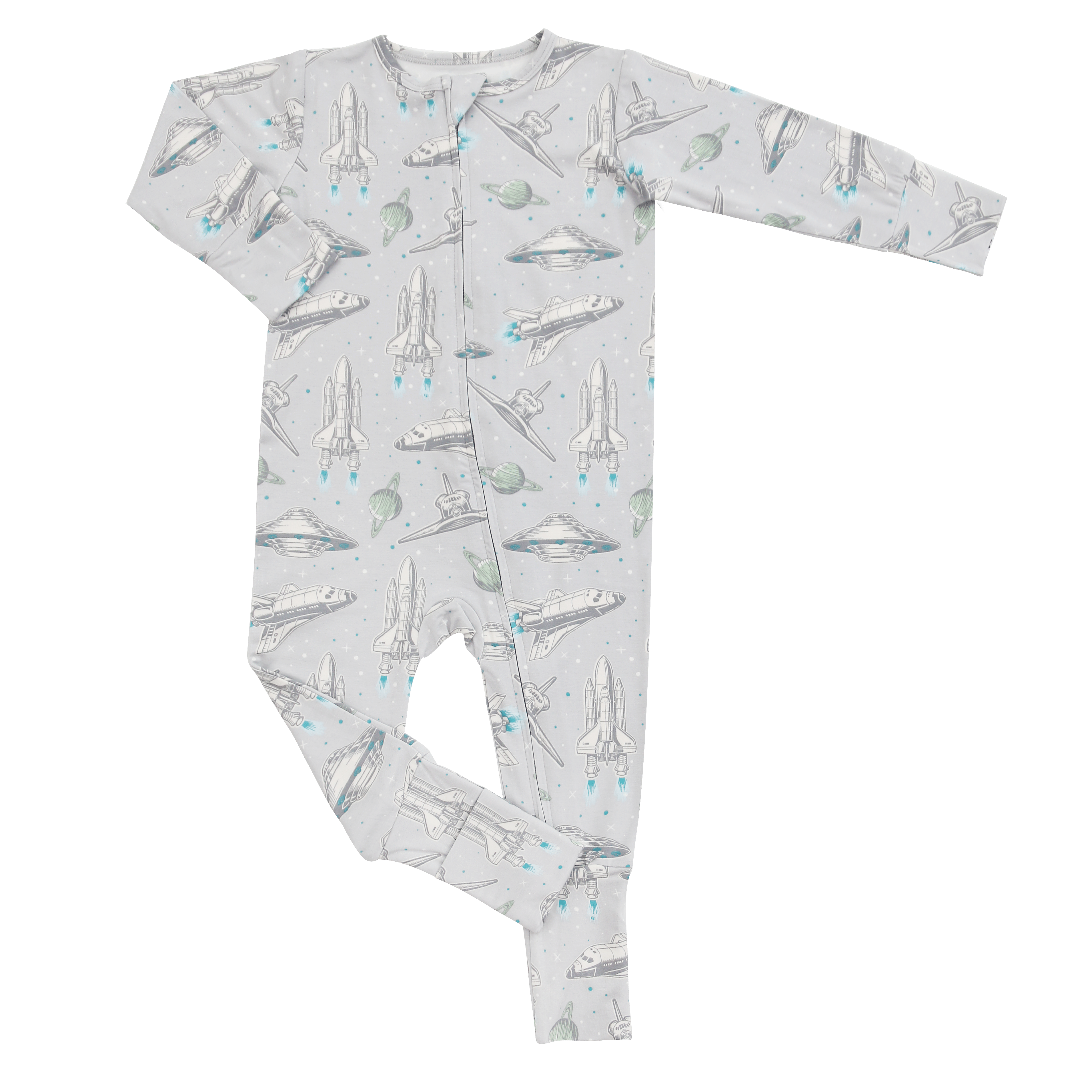 Light gray rocket-print convertible romper with long sleeves and front zipper.
