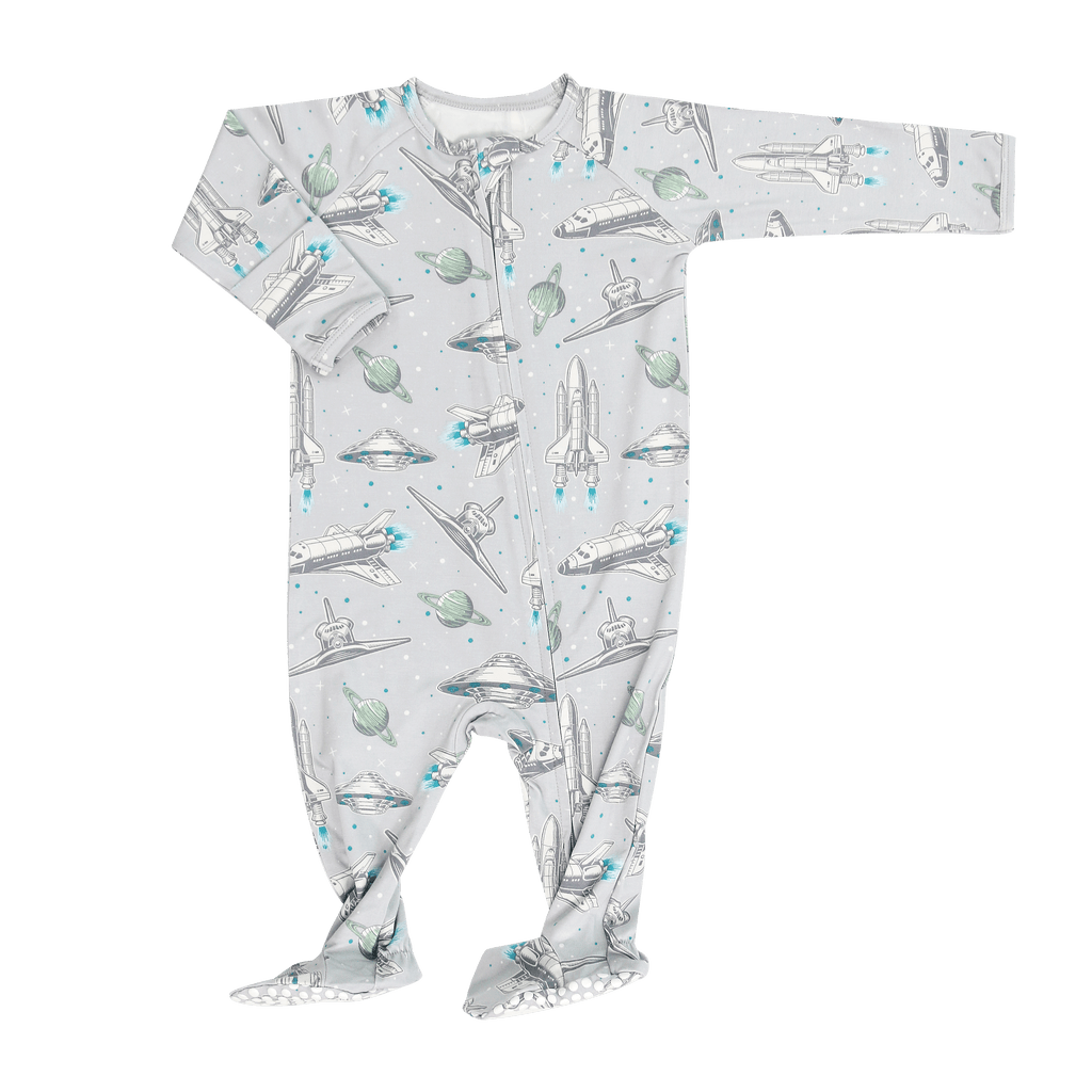 Light gray space-rocket print zipper footie with long sleeves and zipper front