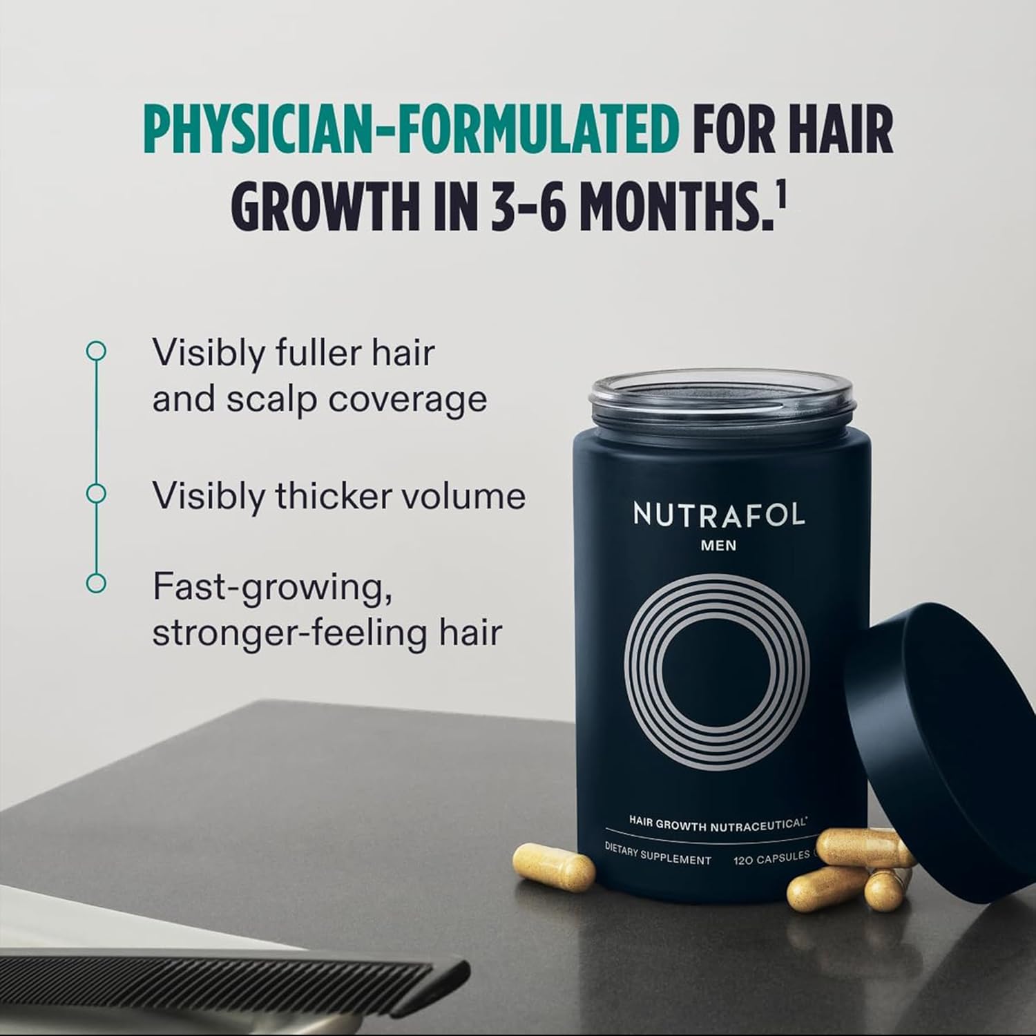 Nutrafol men hair growth supplement bottle with loose gel capsules.