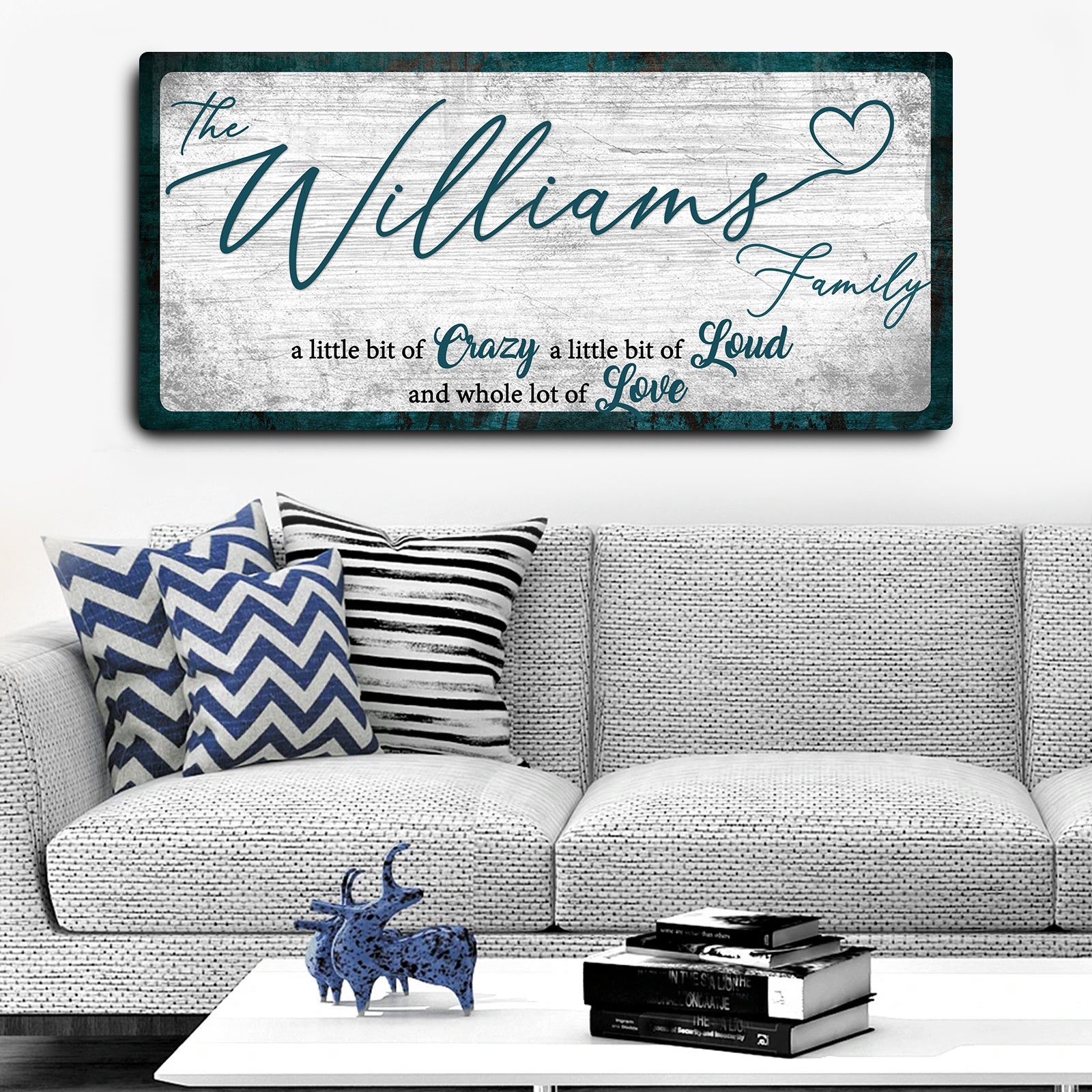 Family name wall canvas sign with teal script and heart, dark distressed background