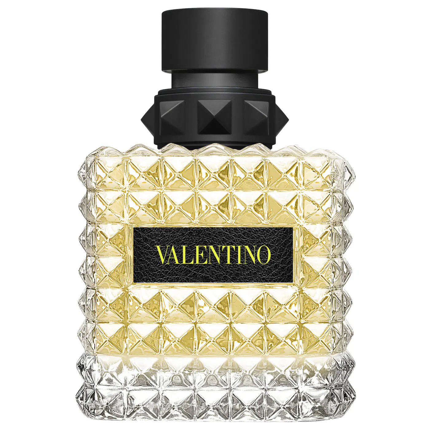 Valentino Eau de Parfum bottle with black cap and faceted gold glass