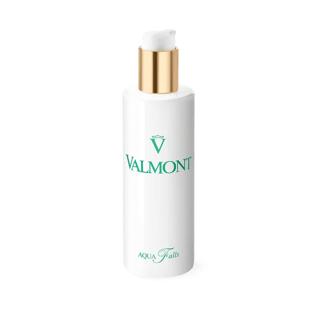 White cosmetic bottle with gold pump and teal-accent label, cylindrical shape