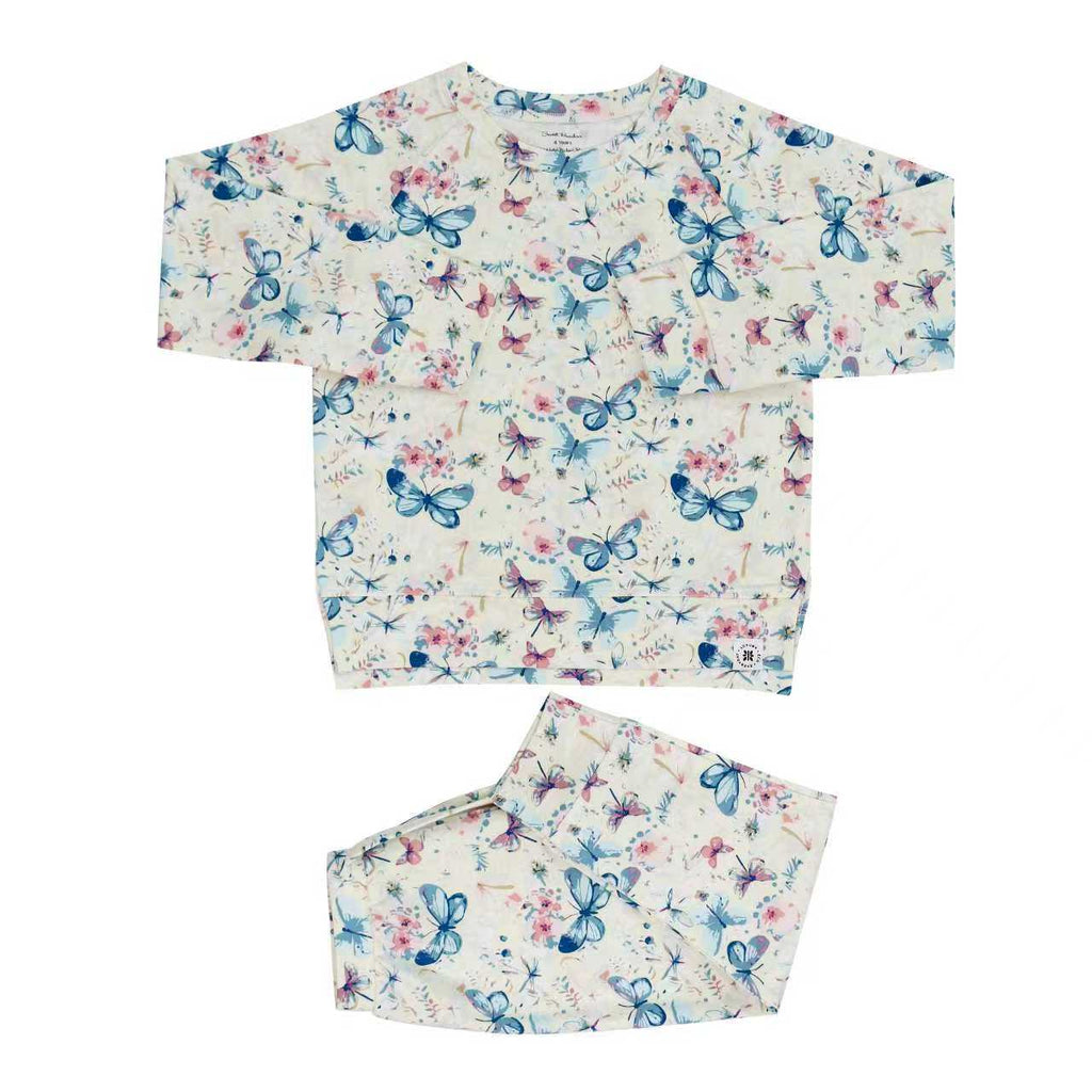 Floral print crew neck top and jogger pants set on light base with blue butterfly designs