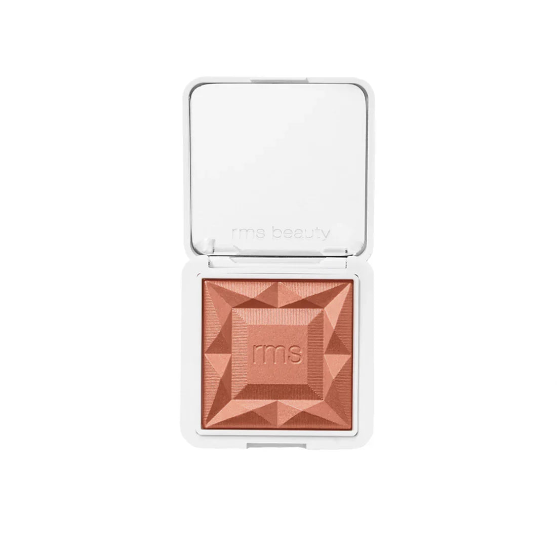 RMS Beauty hydra powder blush compact, open, warm terracotta pan with geometric pattern