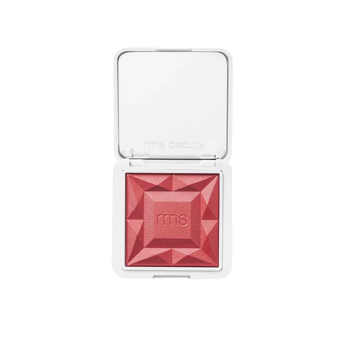 RMS Beauty hydra powder blush compact, open, rosy mauve pan with geometric pattern
