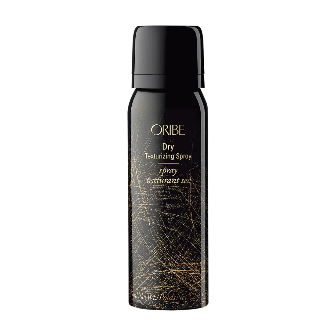 Oribe dry texturizing spray bottle, front label close-up, black & gold pattern