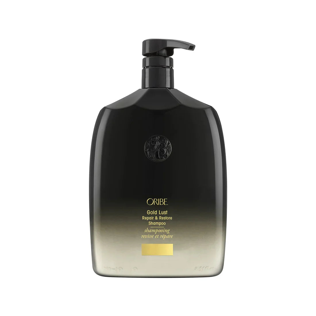 Oribe Gold Lust Repair & Restore Shampoo bottle with pump, black and gold label