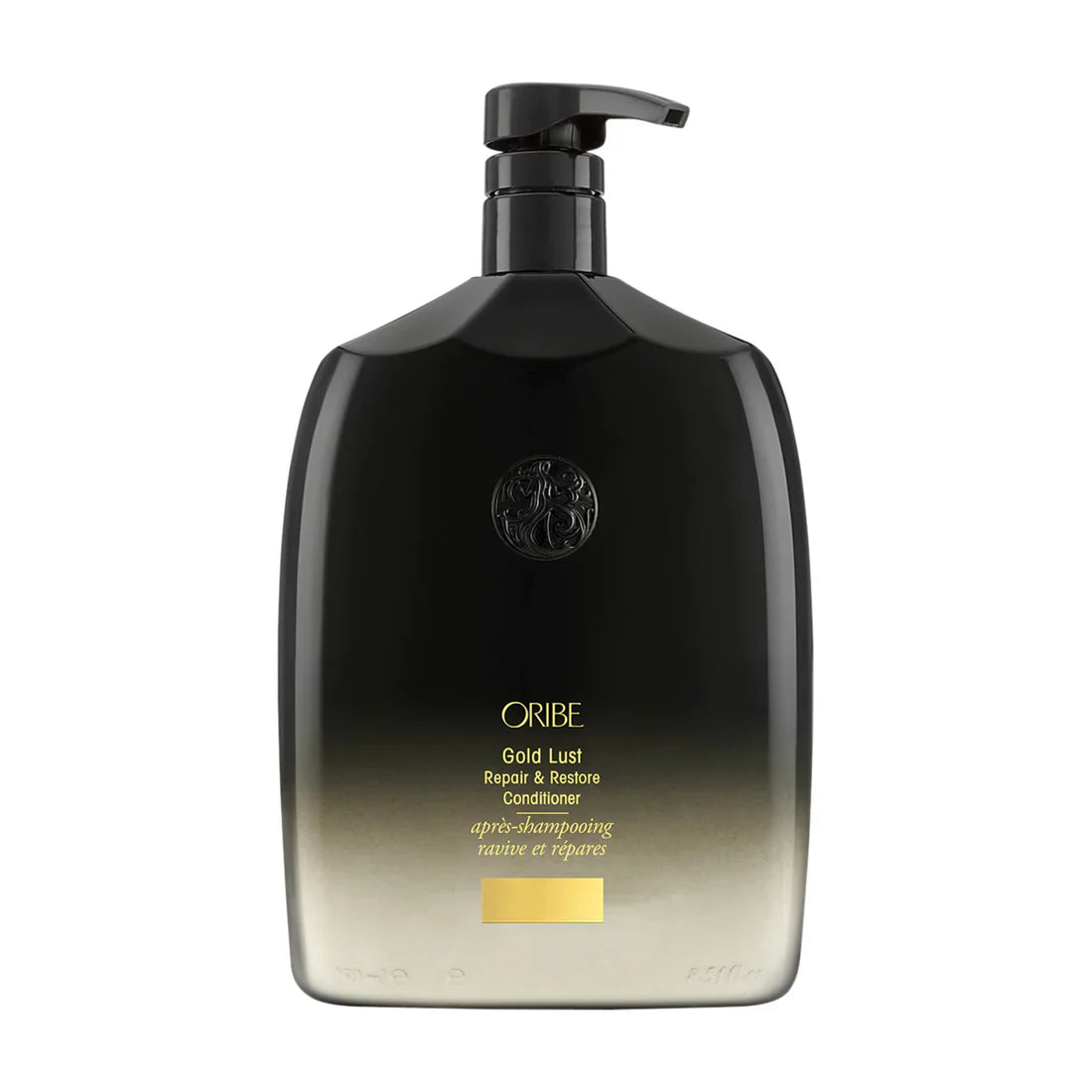Oribe Gold Lust Repair and Restore Conditioner bottle, black pump bottle with gold label