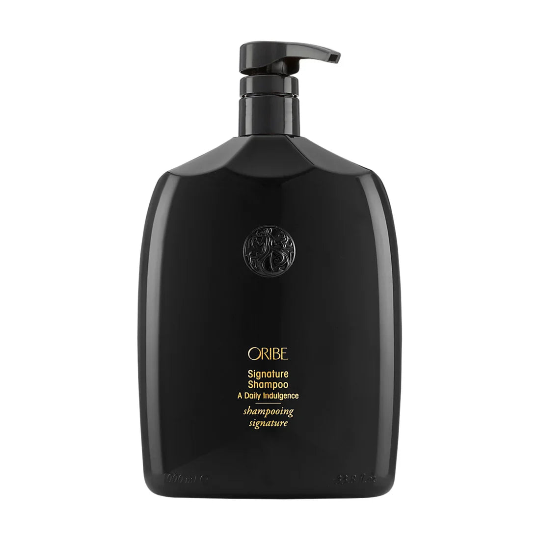 Oribe Signature Shampoo bottle, black with pump dispenser top and ORIBE text