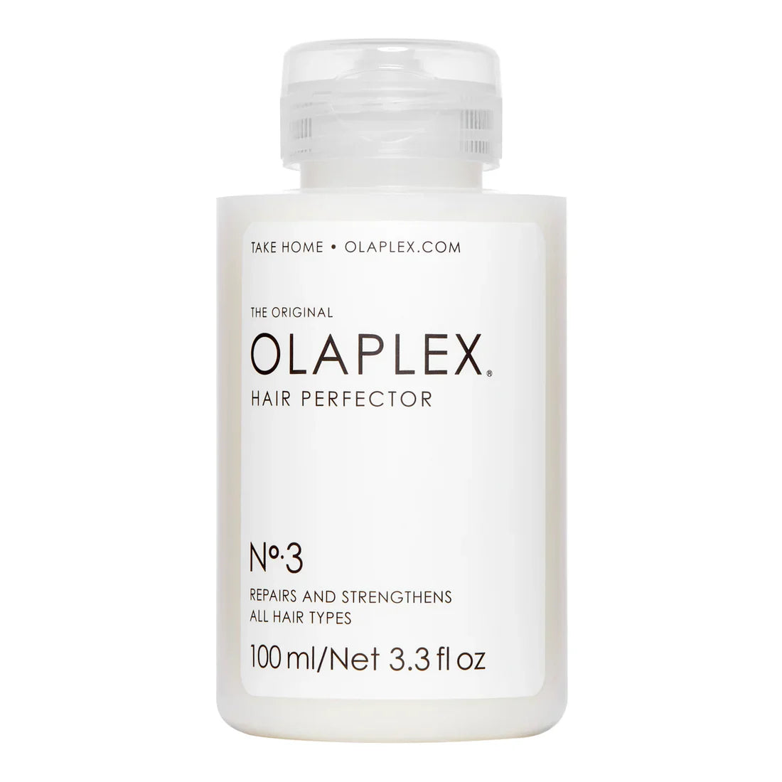 Olaplex No.3 Hair Perfector treatment bottle, 100 ml, clear white plastic with cap
