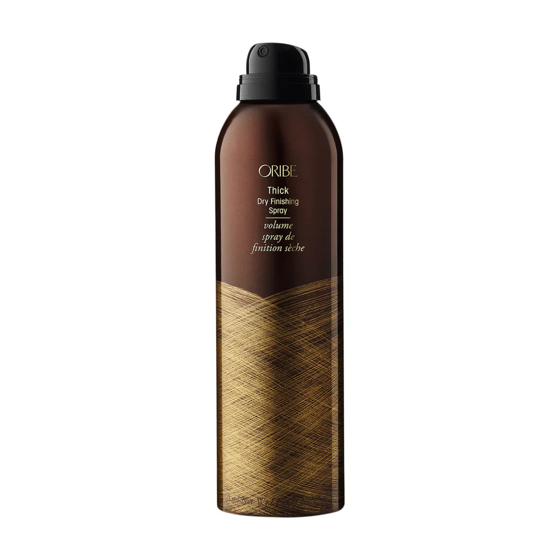 Oribe Thick Dry Finishing Spray bottle, black pump cap, brown label with gold pattern