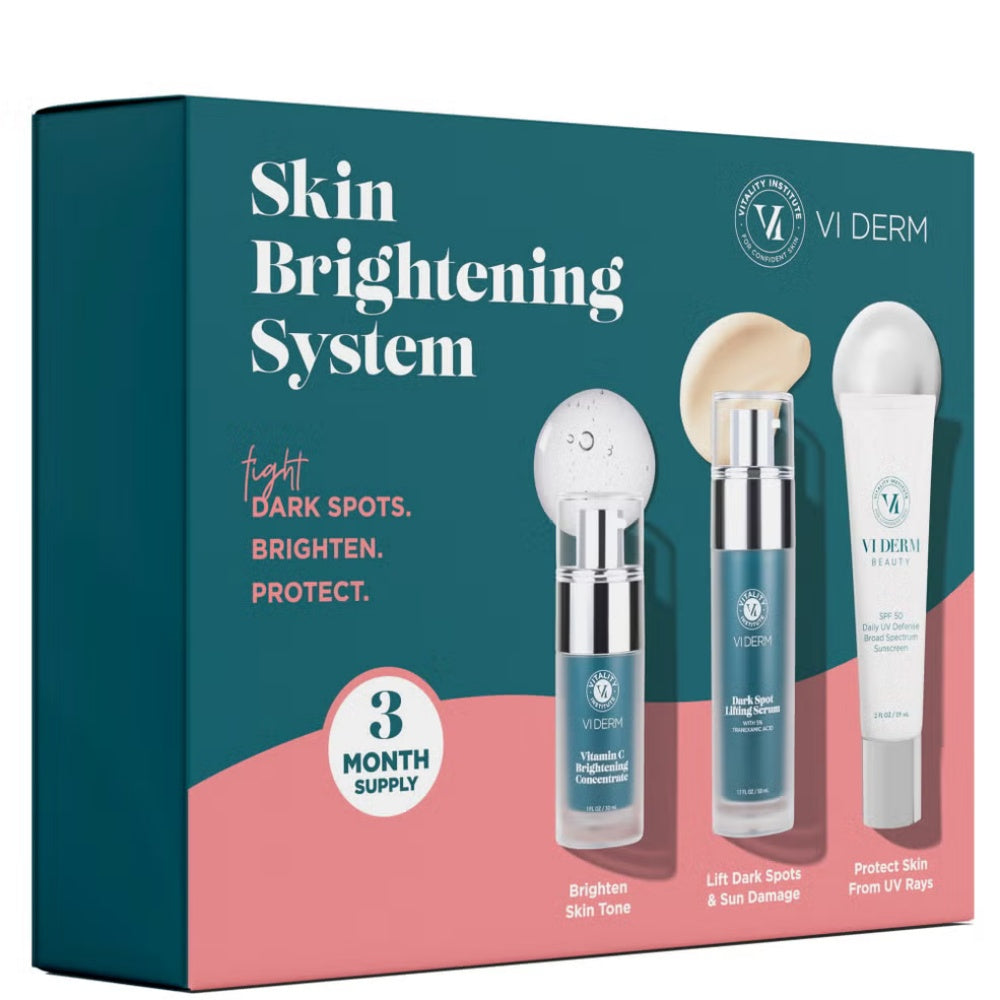 VI Derm Skin Brightening 3-piece system box with three skincare bottles