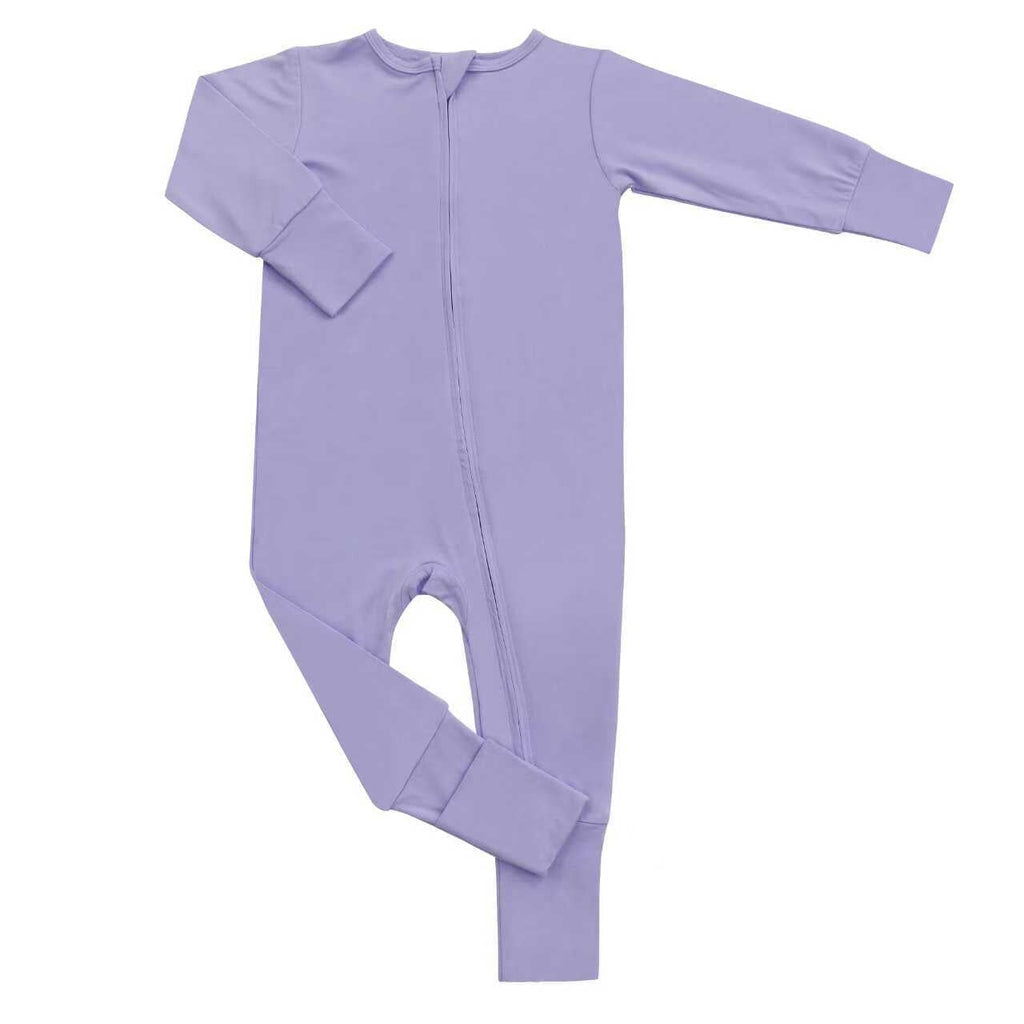 Lavender front-zip long-sleeve romper with footed bottoms, flat lay