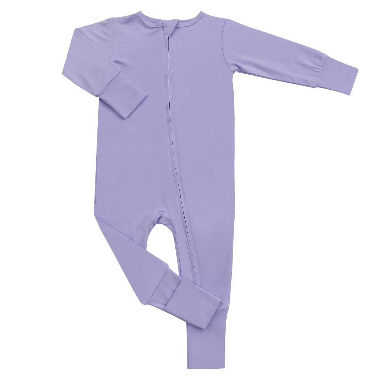 Lavender front-zip long-sleeve romper with footed bottoms, flat lay