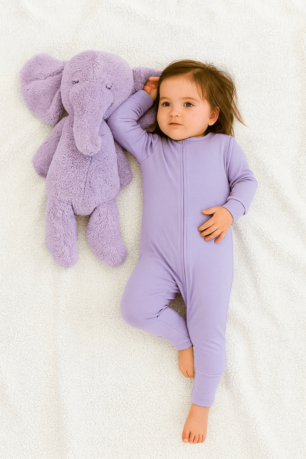 Lavender long-sleeve convertible romper with front zipper and footed legs for girls
